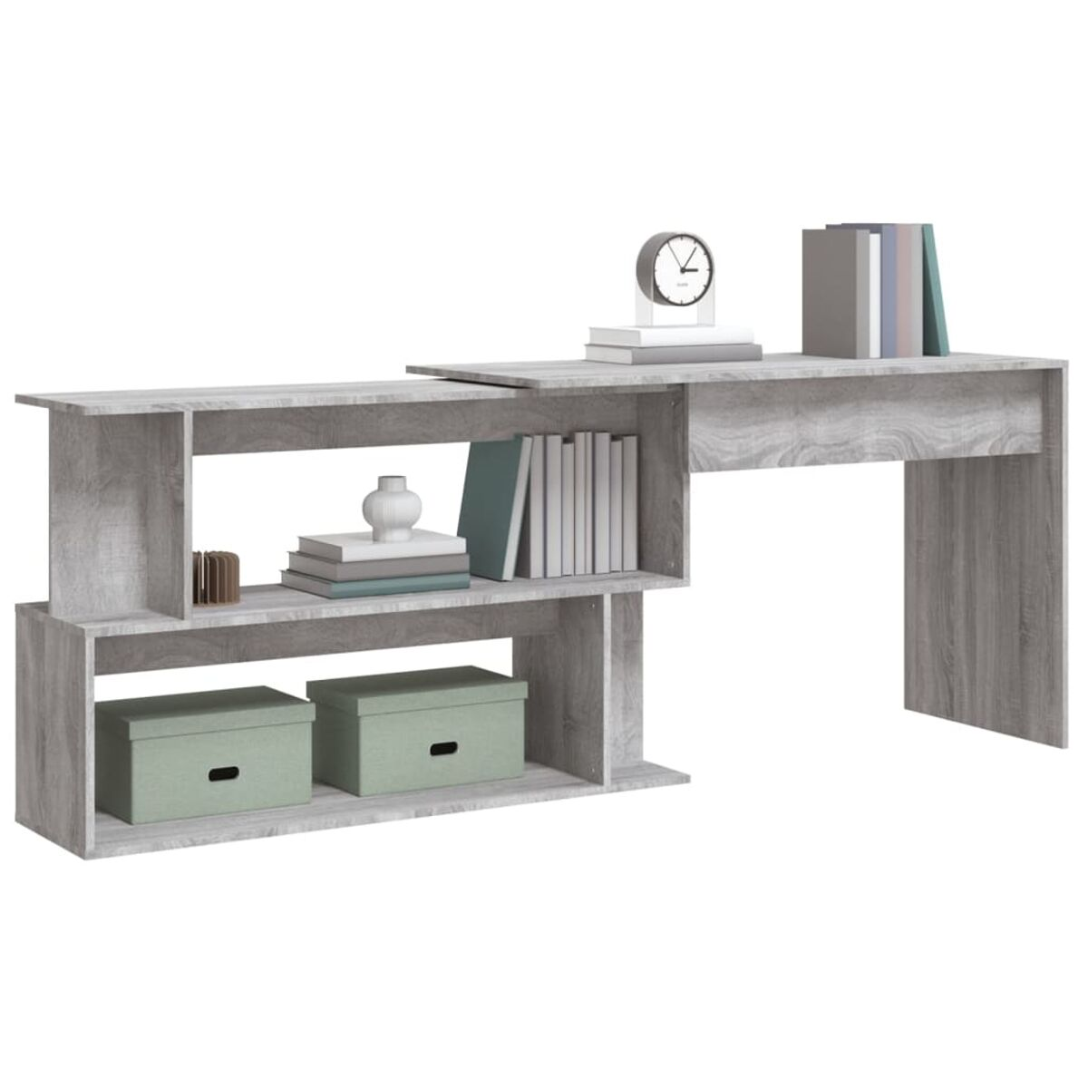 Grauer Holzschreibtisch mit Regalen und Schubladen, mit Büchern und Deko oben.