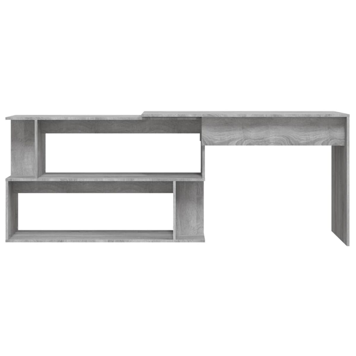 Grauer Schreibtisch mit Regalen. Offenes Stauraumdesign. Moderne Büromöbel.