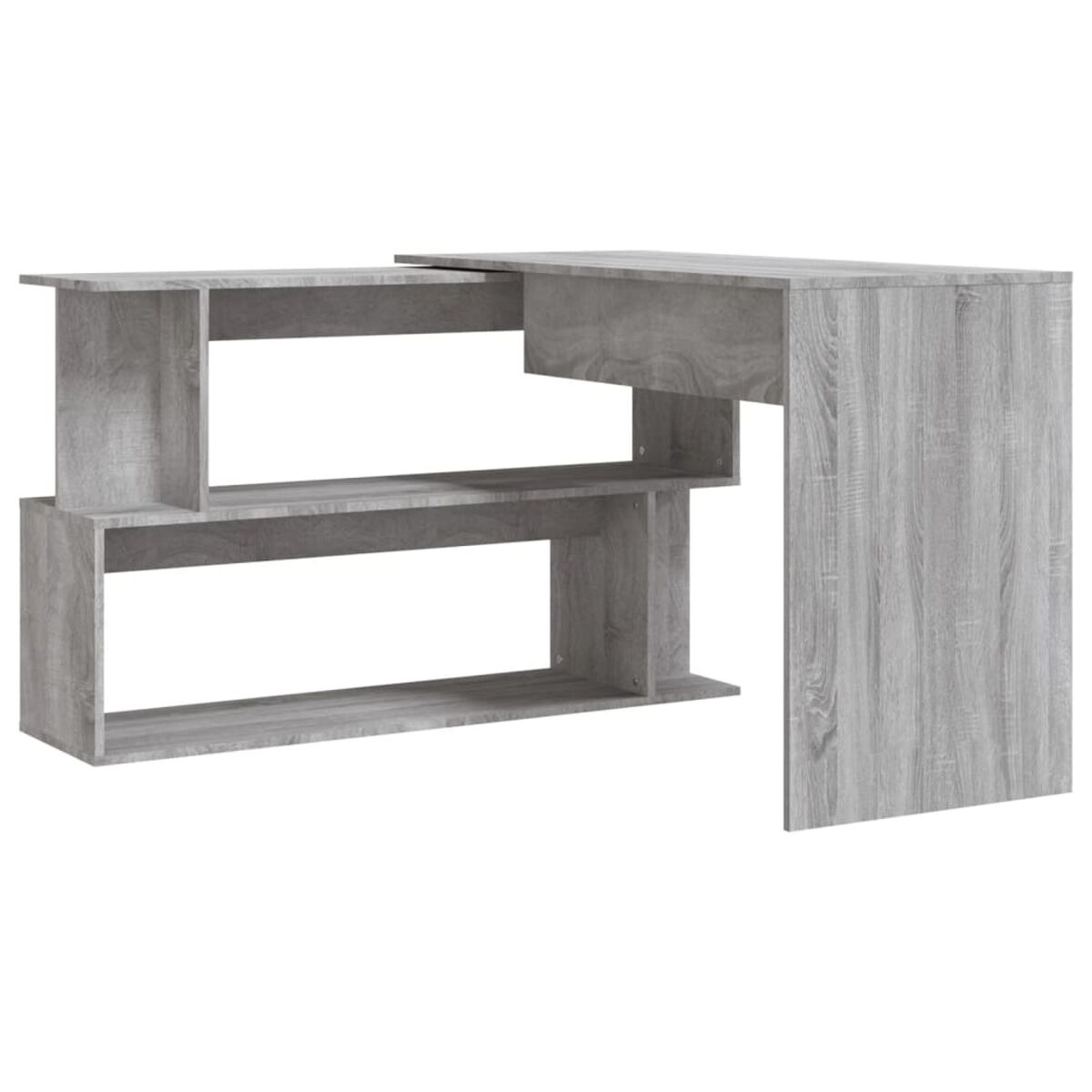 Grauer Holzschreibtisch mit Regalen, L-förmiges Design.
