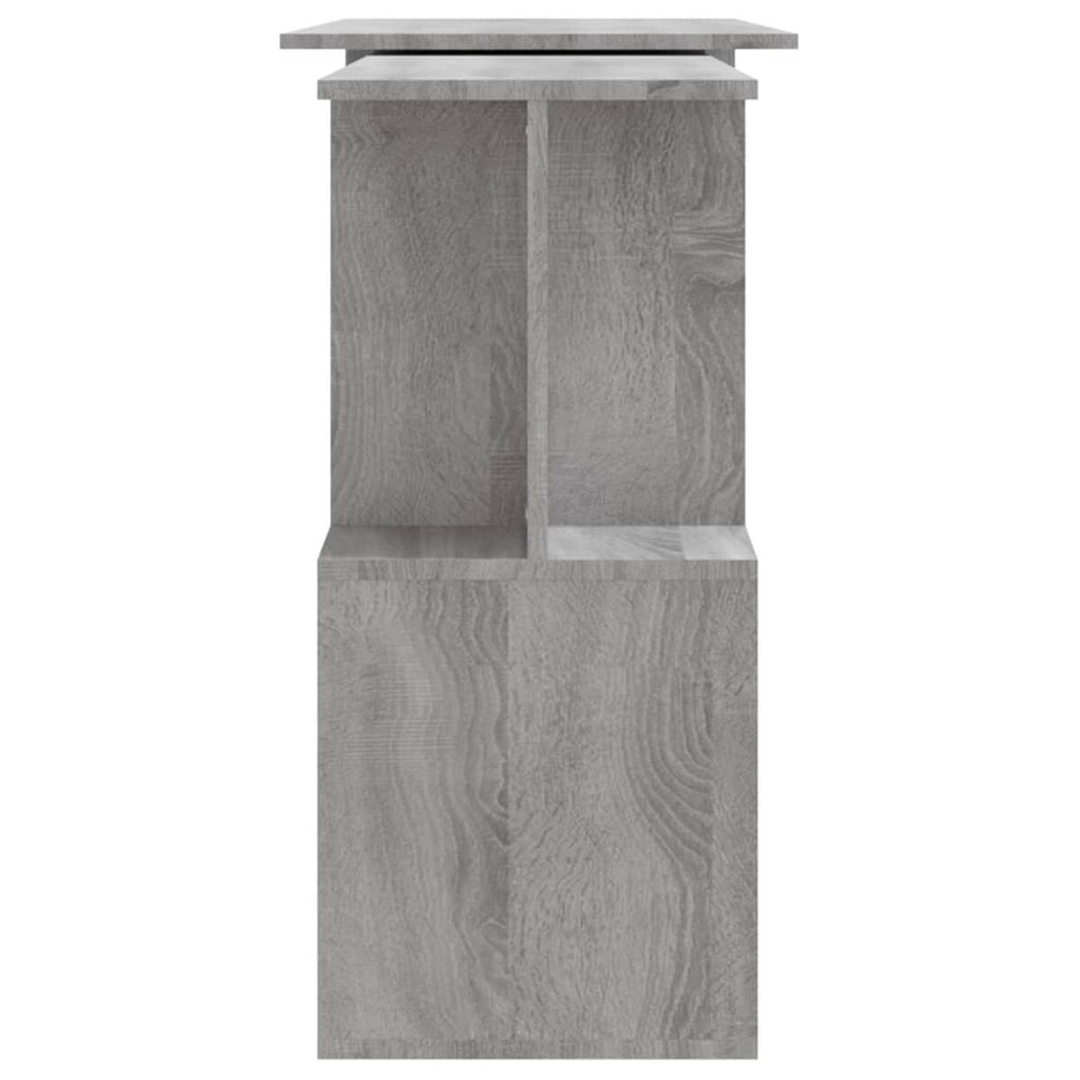 Ein grauer Holzschrank mit Regalen, von der Seite betrachtet, drinnen.