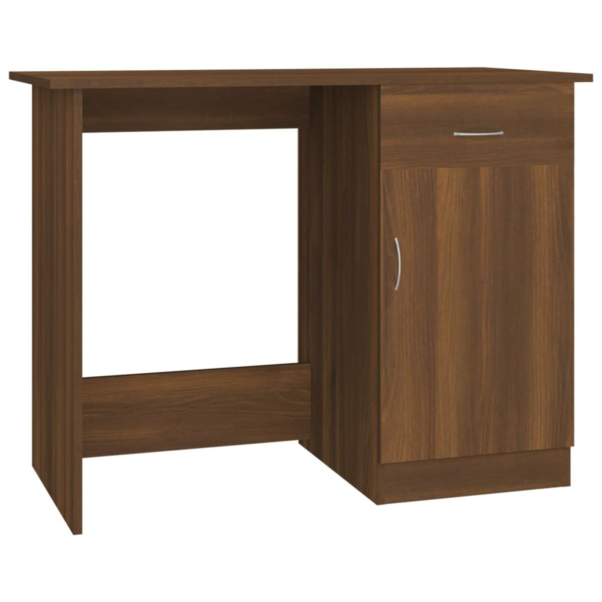 Brauner Holzschreibtisch mit Schublade und Schrank. Weißer Hintergrund.
