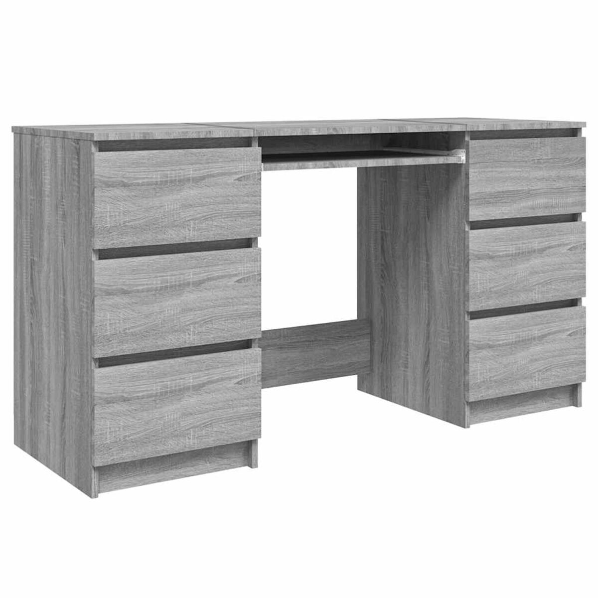Grauer Holzschreibtisch mit Schubladen und Tastaturablage, weißer Hintergrund.