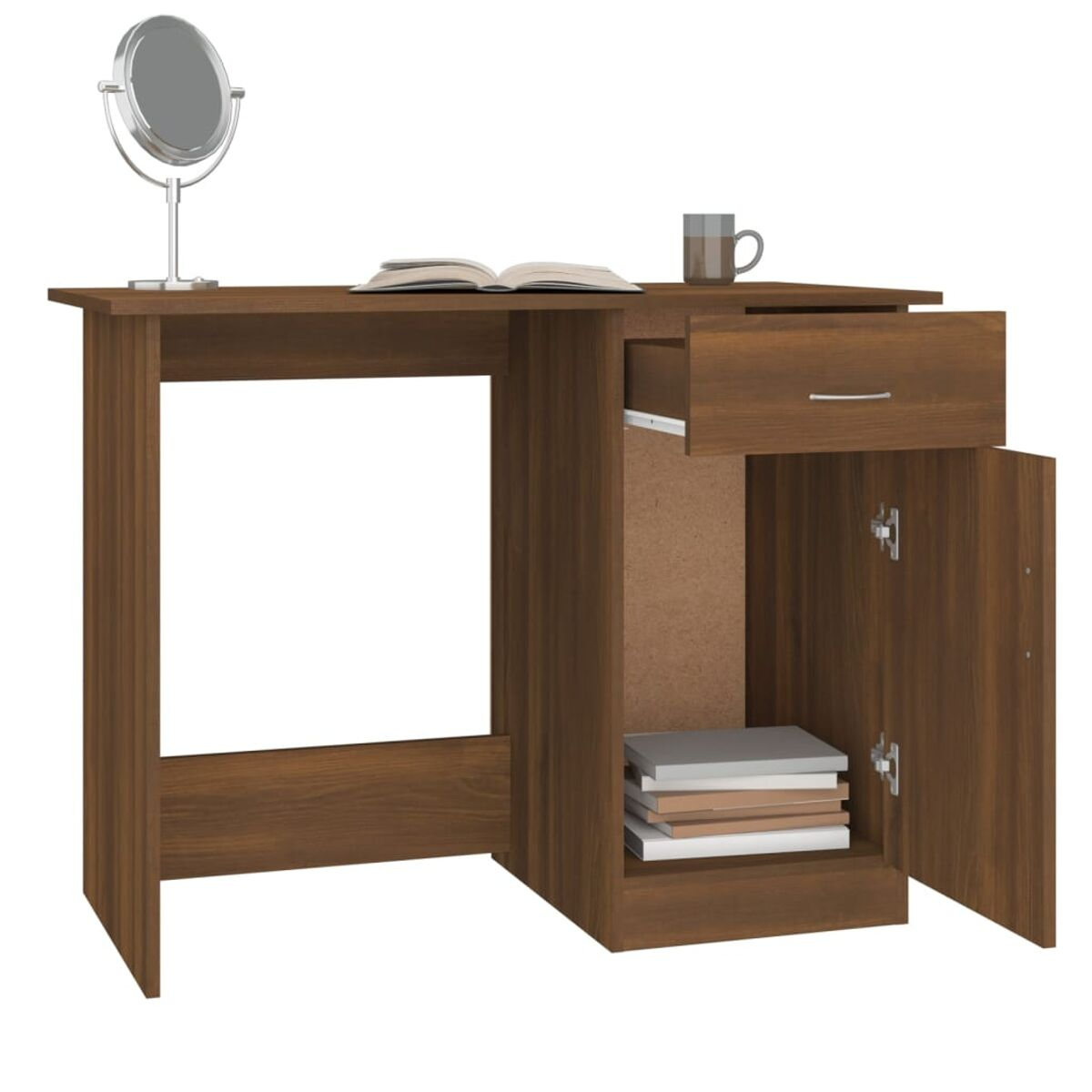 Holzschreibtisch mit offener Schublade, Schrank, Spiegel, Buch und Becher. Dunkle Holzfarbe.