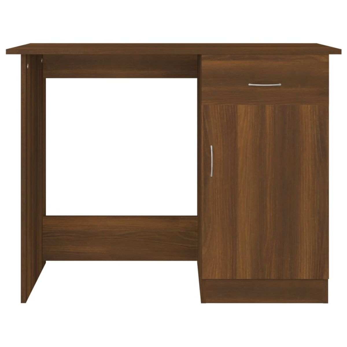 Brauner Holzschreibtisch mit Schublade und Schrank. Weißer Hintergrund.