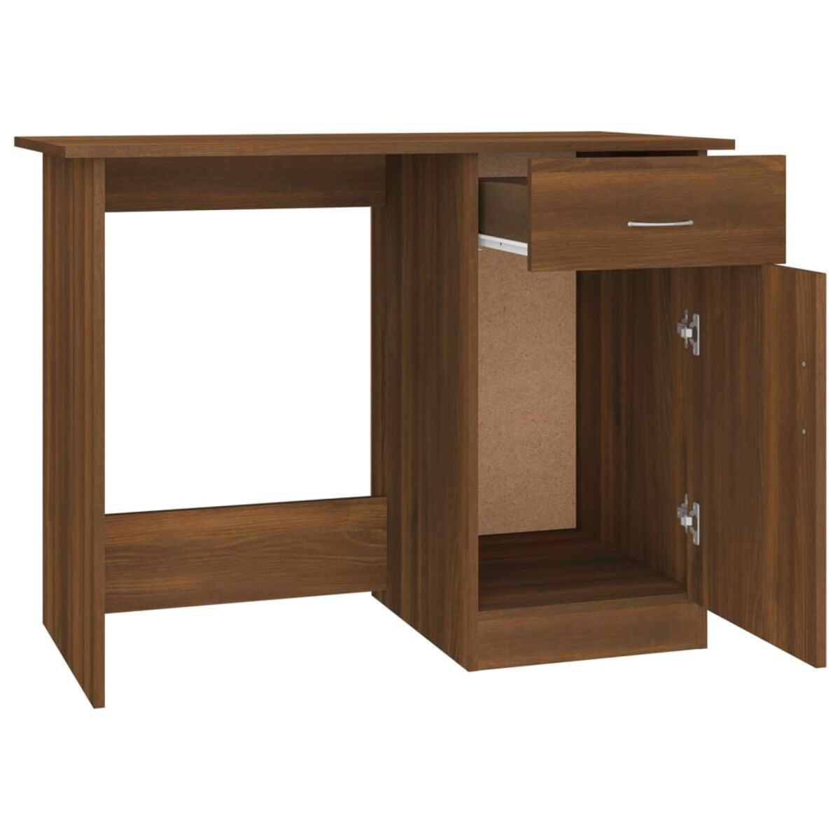 Holzschreibtisch mit Schublade und offenem Schrank. Dunkelbraunes Finish.