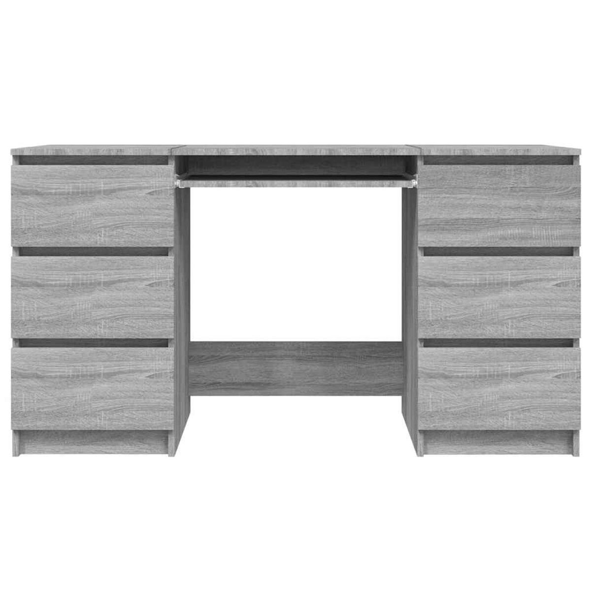 Grauer Schreibtisch mit Holzmaserung, Schubladen und Tastaturauszug. Großer offener Raum.