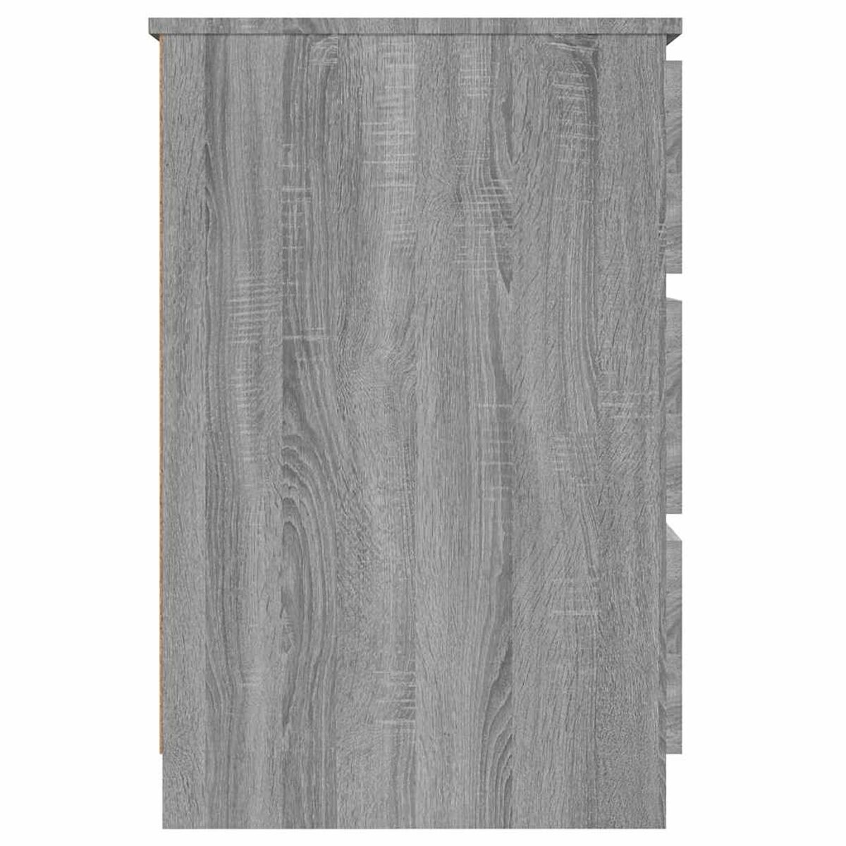 Seitenansicht eines grauen Holzschranks. Weißer Hintergrund.