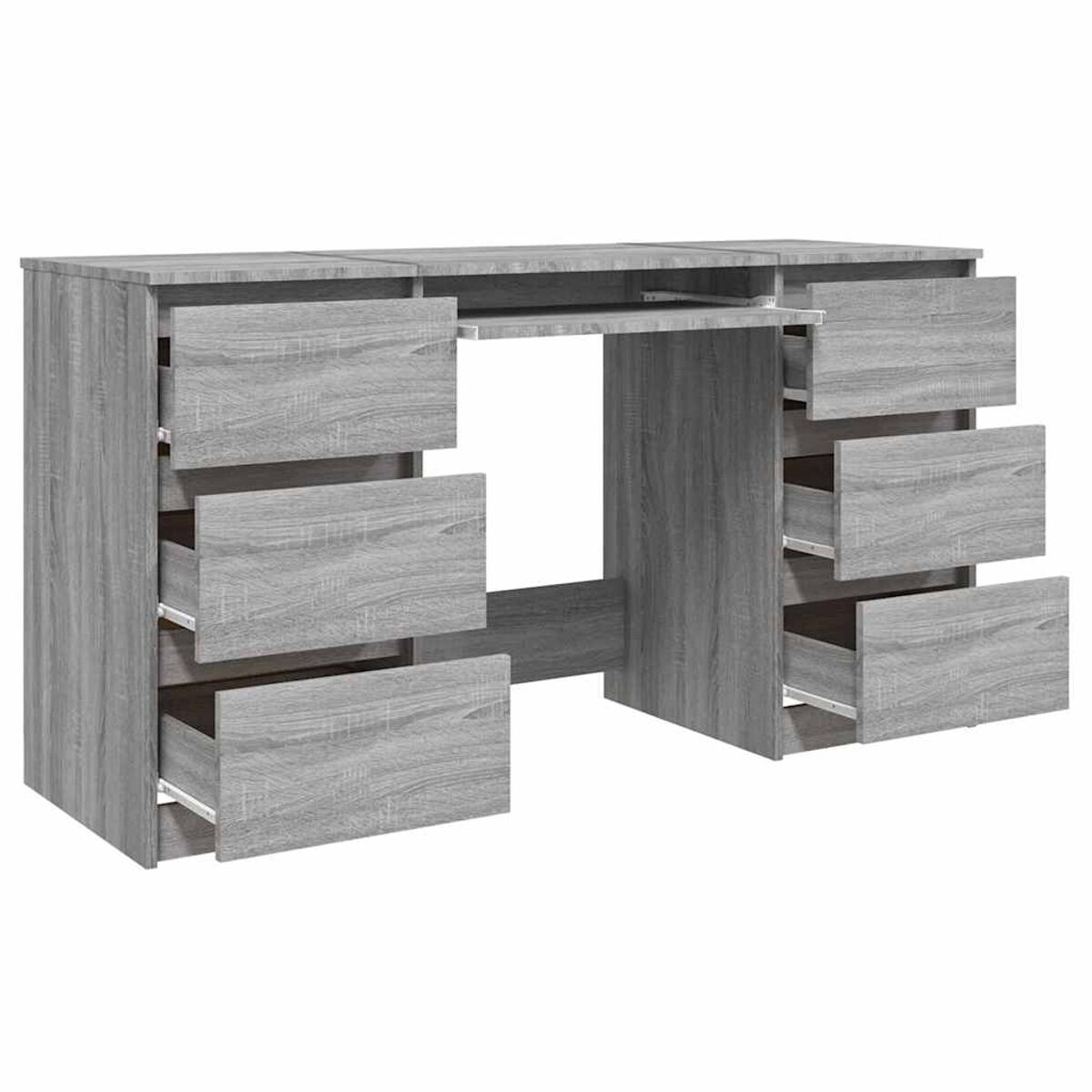 Grauer Holzschreibtisch mit Schubladen und Tastaturauszug.