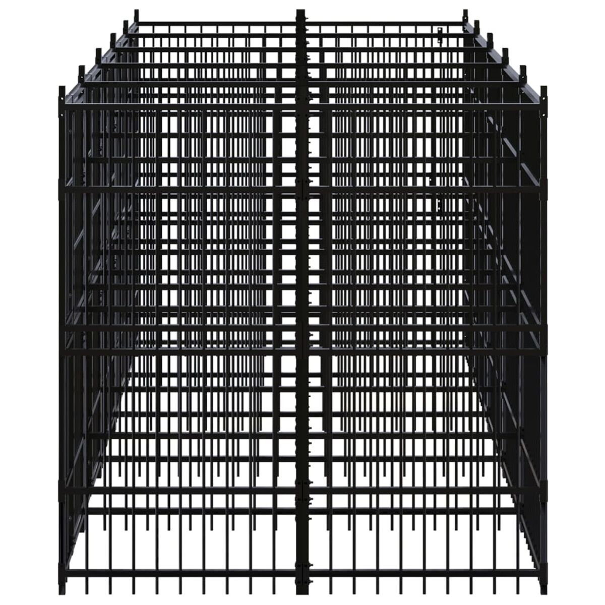 Ein schwarzer Metallkäfig, der aus vertikalen Stäben besteht. Der Käfig wird von oben gesehen.
