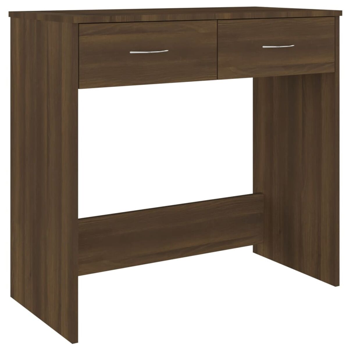 Ein brauner Holzschreibtisch mit zwei Schubladen und einer breiten Beinauflage.