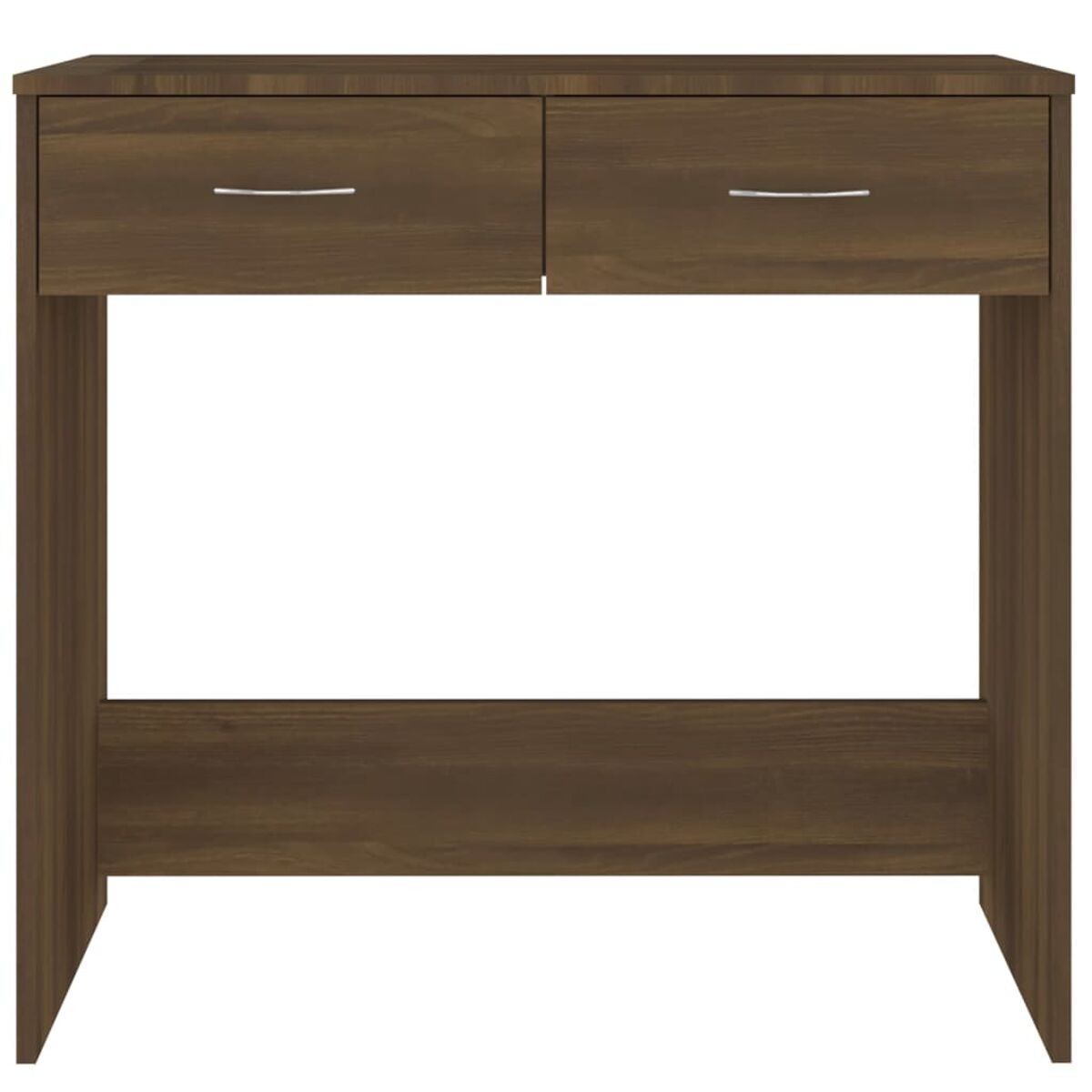 Holzschreibtisch mit zwei Schubladen, braune Farbe. Der Schreibtisch ist auf weißem Hintergrund.