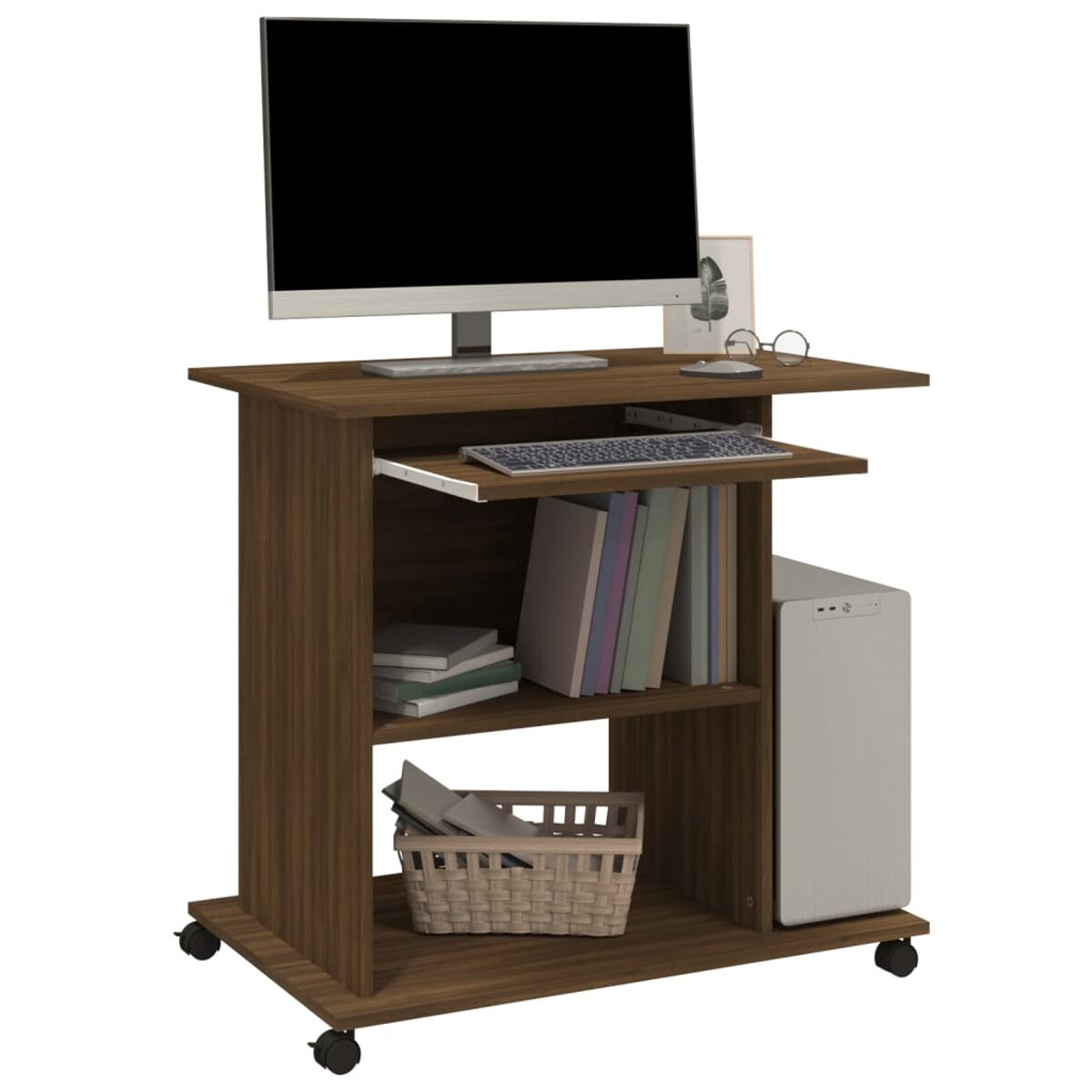 Brauner Computertisch mit Monitor, Tastatur und Büchern. Ein Computergehäuse und ein Korb befinden sich unter dem Tisch.