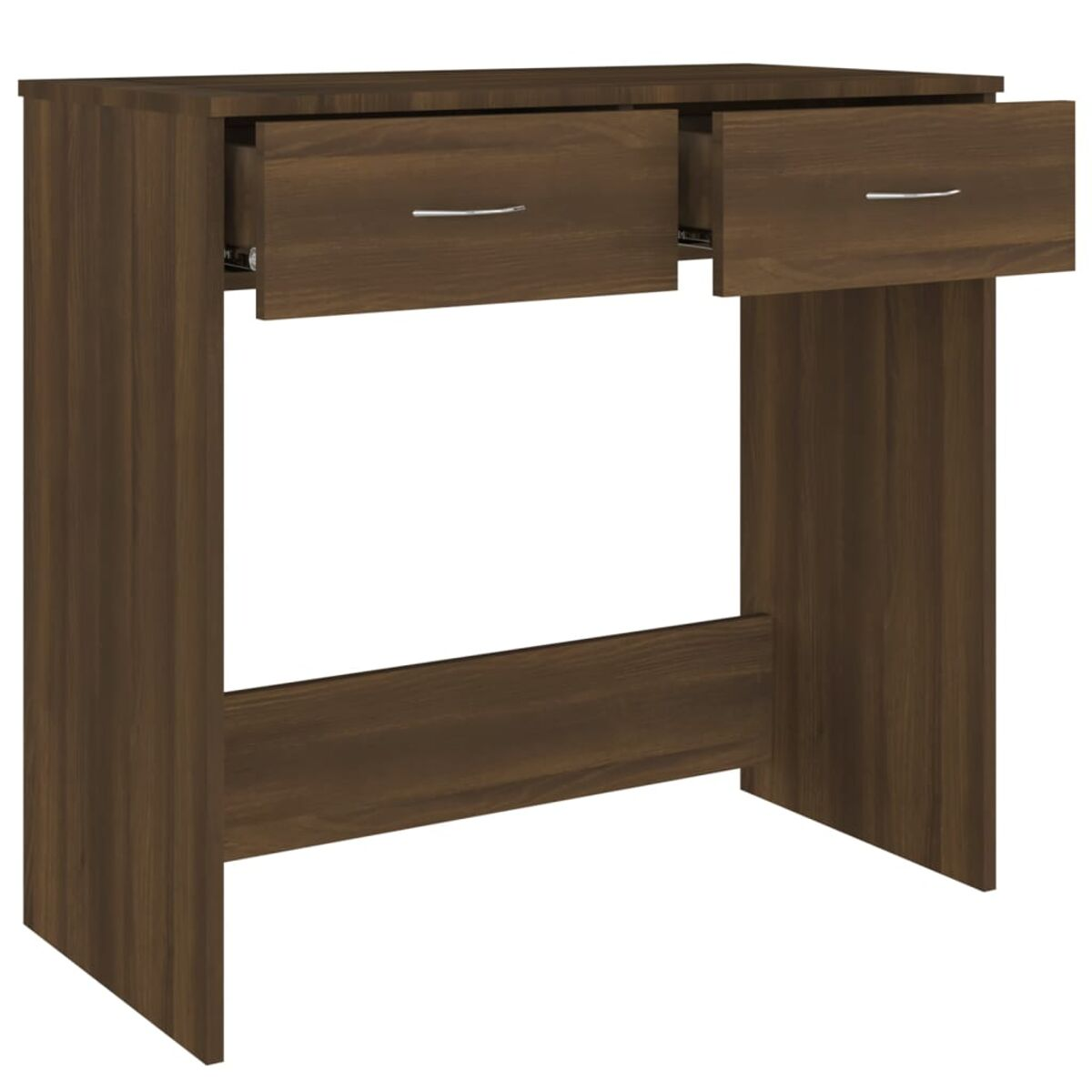 Ein Holzschreibtisch mit zwei offenen Schubladen. Der Schreibtisch ist braun.