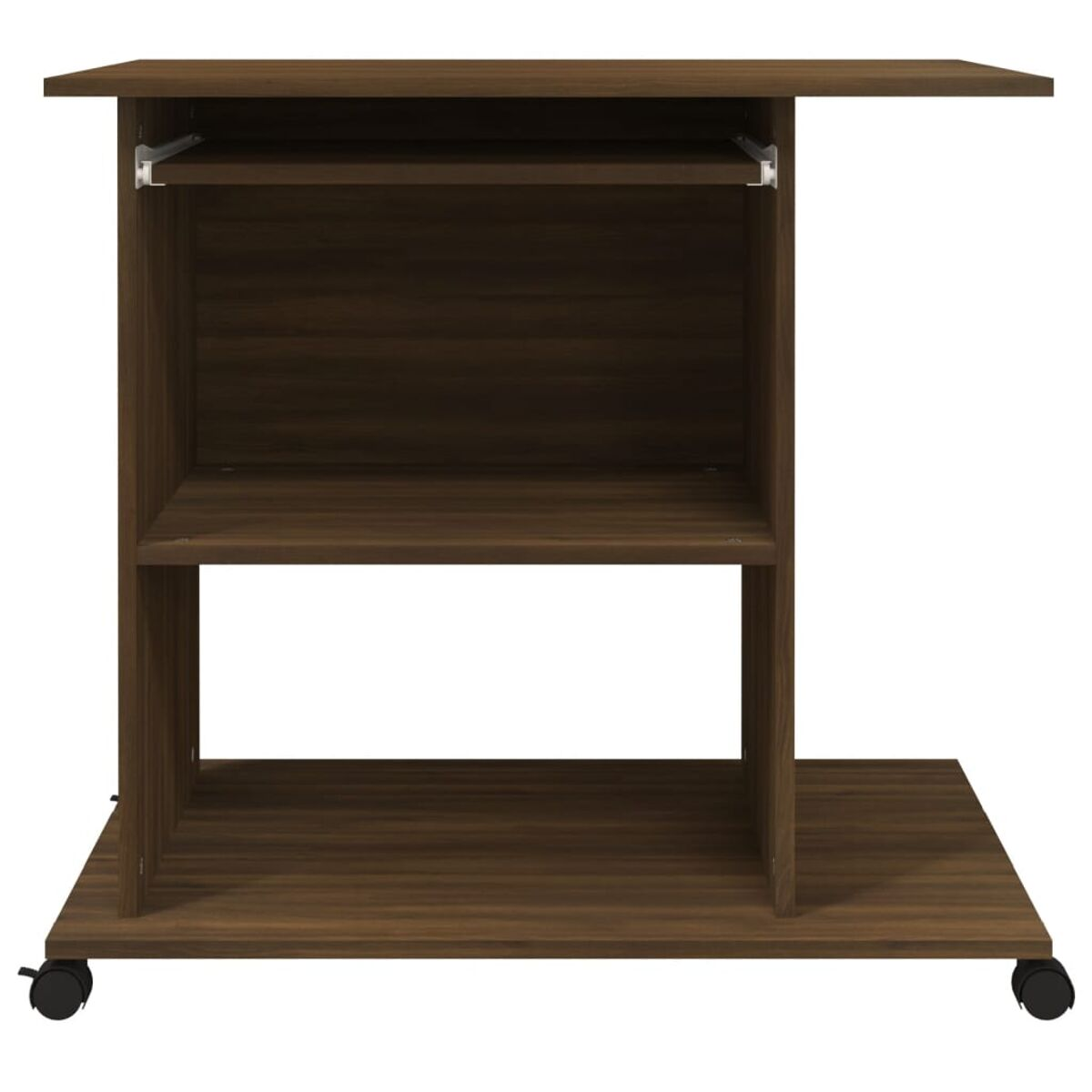 Mobiler Beistelltisch, braunes Holz, mit Regalen und einem ausziehbaren Tablett. Schwarze Räder.