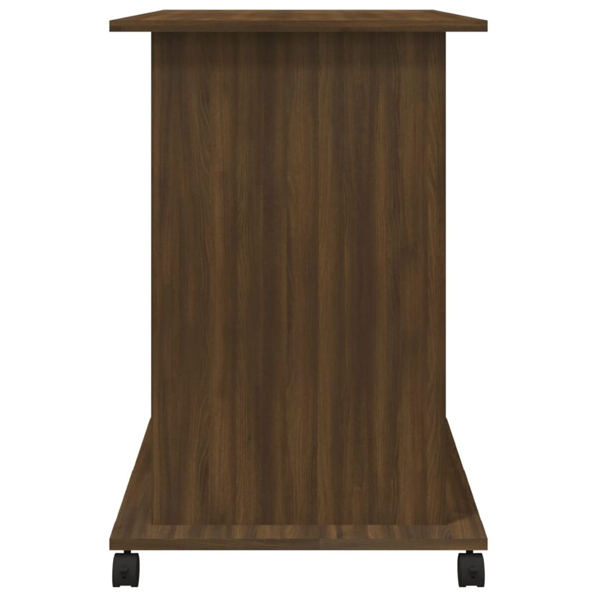 Holzschrank auf Rädern. Dunkelbraune Farbe. Einfaches Design. Seitenansicht. Isoliert auf weißem Hintergrund.