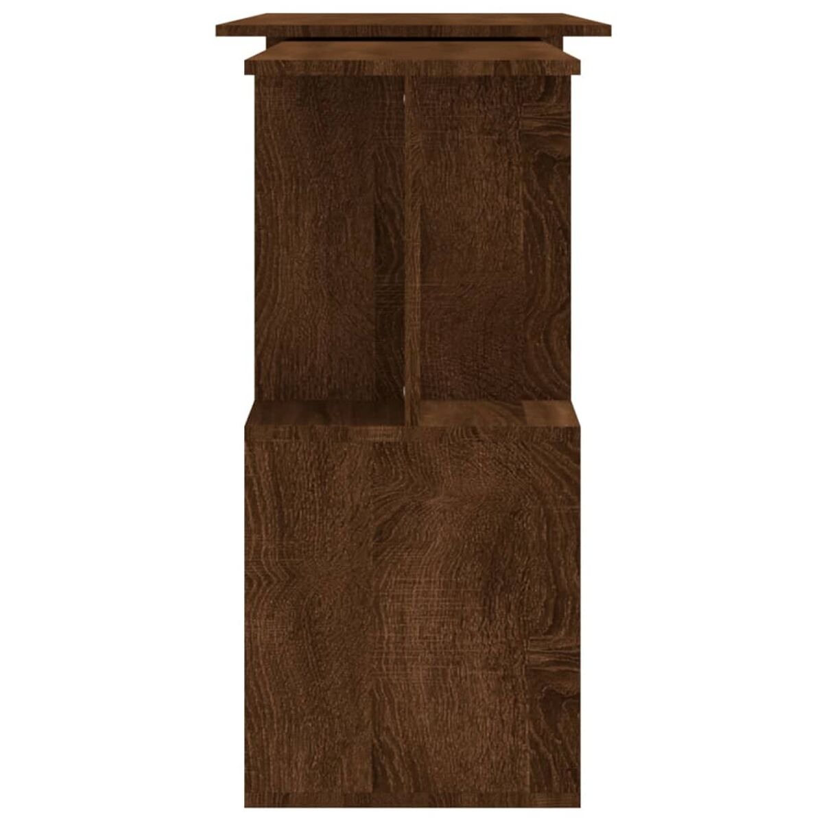 Dunkler Holzschrank von oben gesehen. Sichtbare Regale und Stauraum.