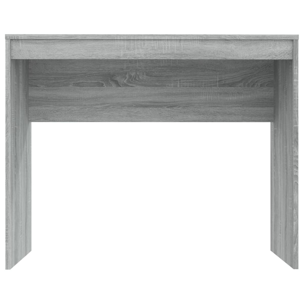 Ein grauer Holzschreibtisch mit einer einzigen Schublade wird vor weißem Hintergrund gezeigt.