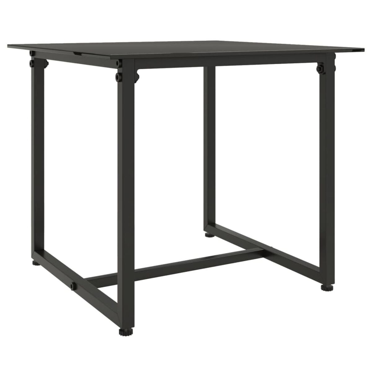 Quadratischer, schwarzer Metalltisch mit einfachem Gestell. Beine gerade mit Füßen.