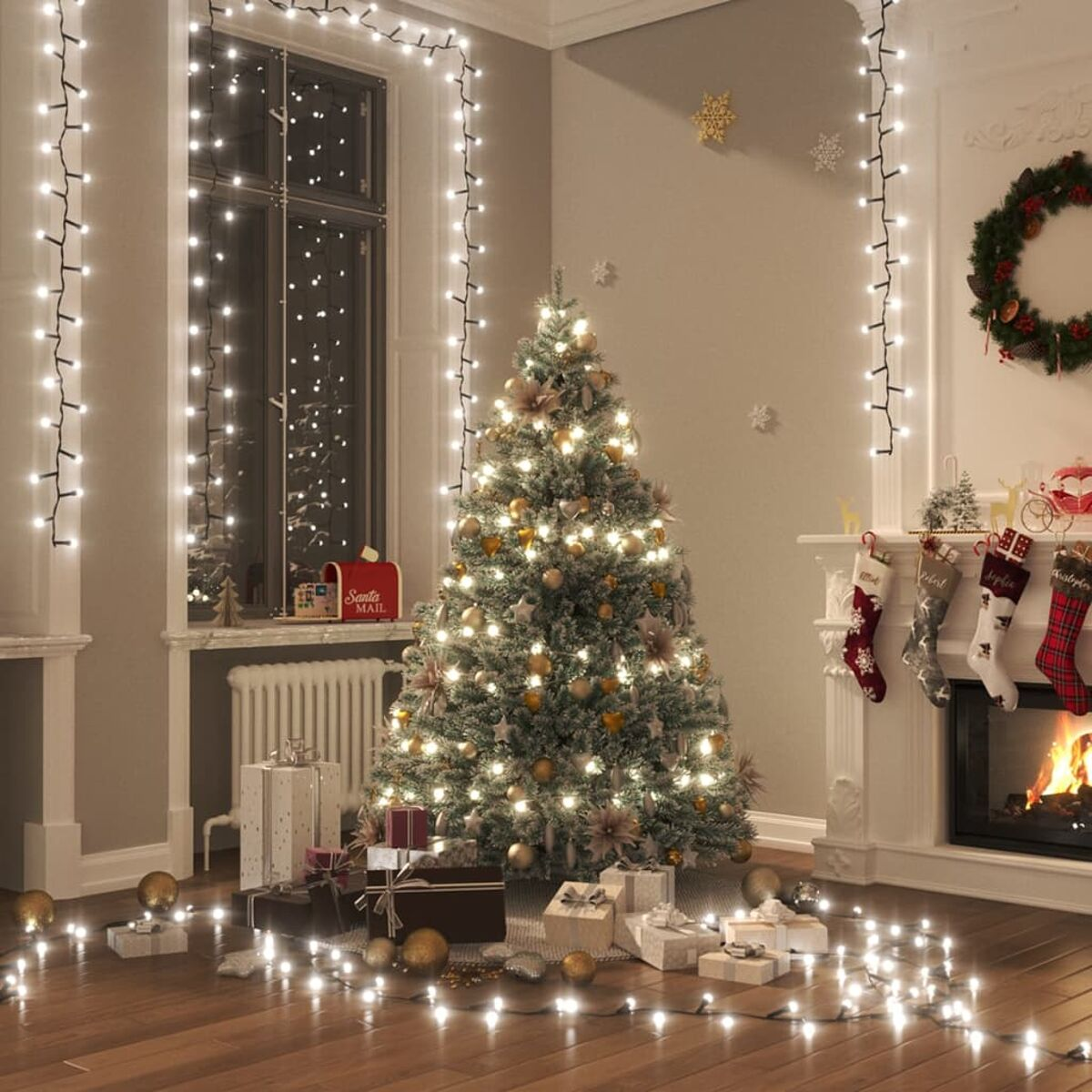Weihnachtsszene mit beleuchtetem Baum, Geschenken, Kamin, Strümpfen und Lichterketten. Hintergrund: Raum.