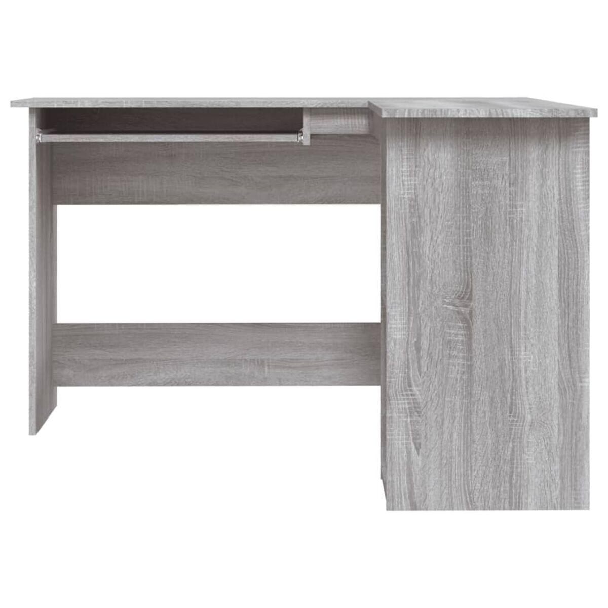 Grauer Holzschreibtisch mit ausziehbarer Tastaturablage und L-Form.