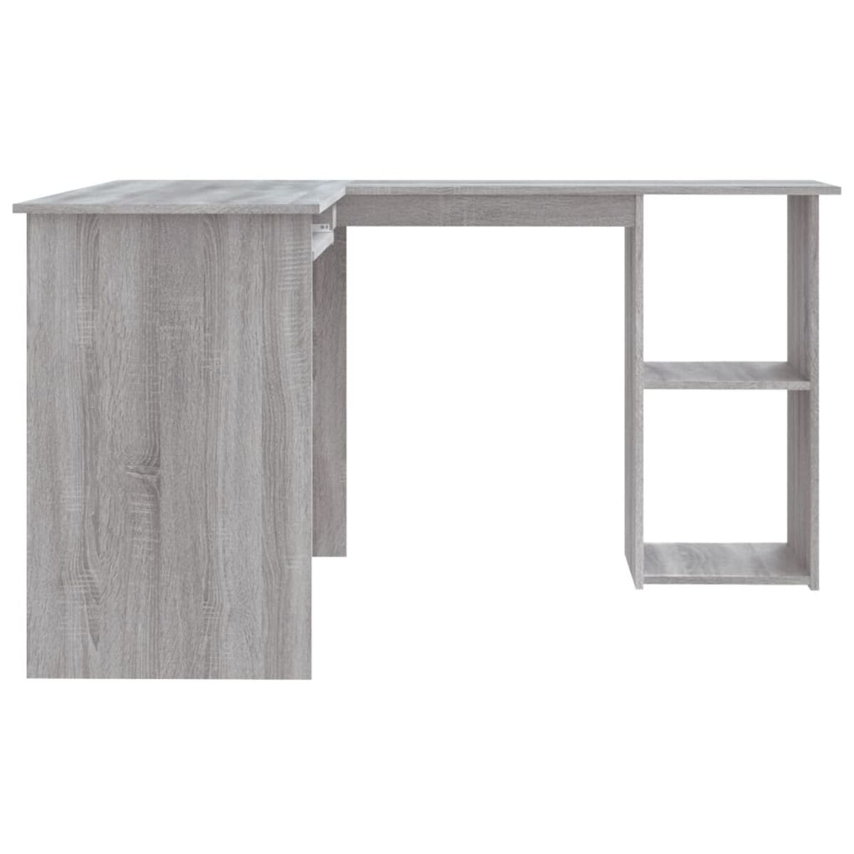 L-förmiger Schreibtisch aus Holz mit Regalen.