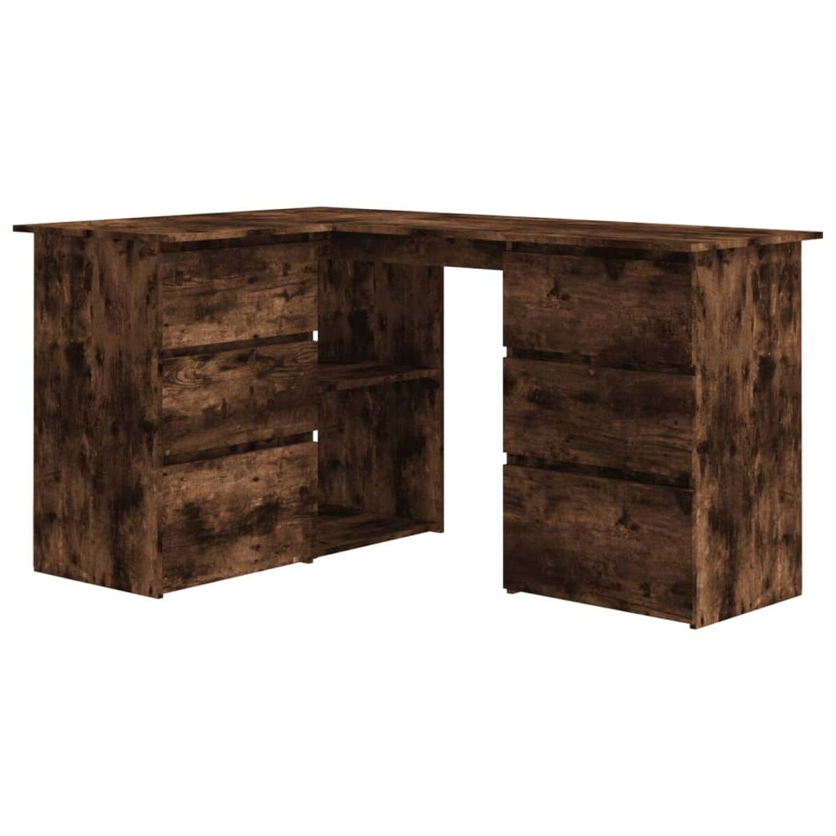 Brauner, L-förmiger Holzschreibtisch mit Schubladen und Regalen, auf weißem Hintergrund.