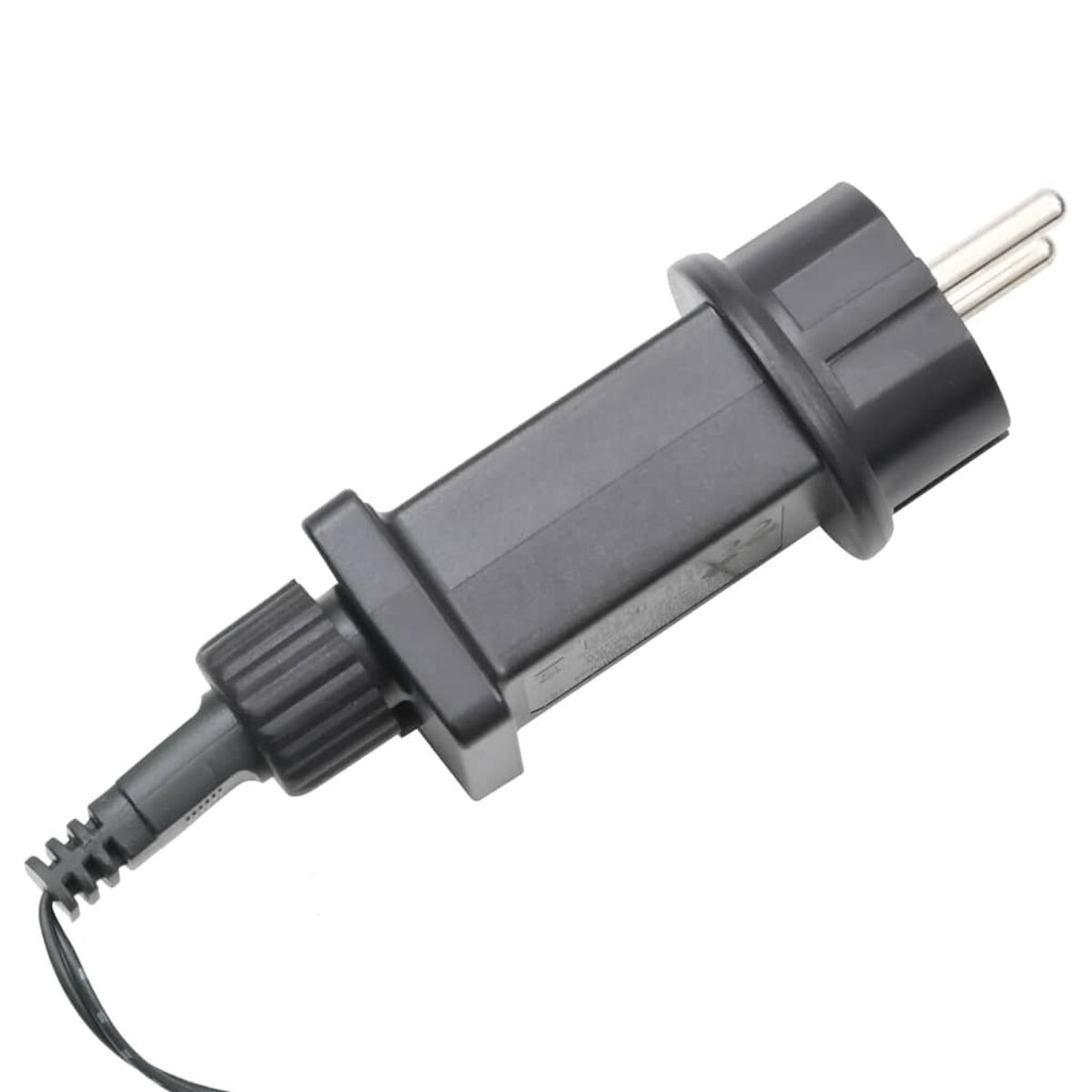 Schwarzer Netzadapter mit Stecker und Anschluss für ein kleines Kabel.