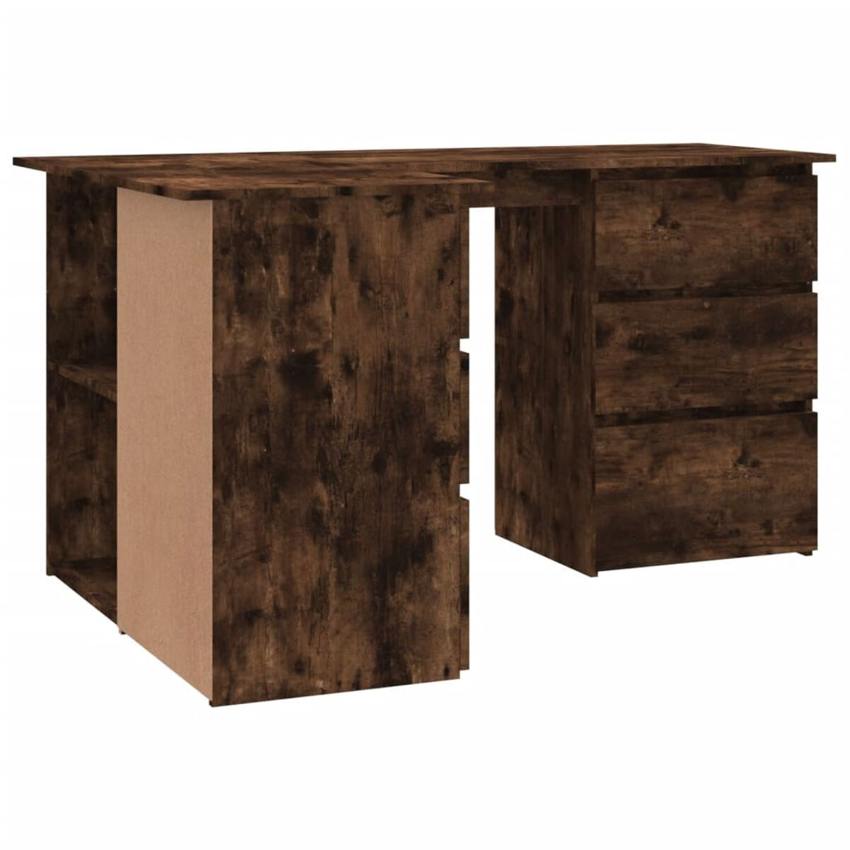 Ein brauner Holzschreibtisch mit Schubladen und einem Seitenregal wird auf weißem Hintergrund gezeigt.