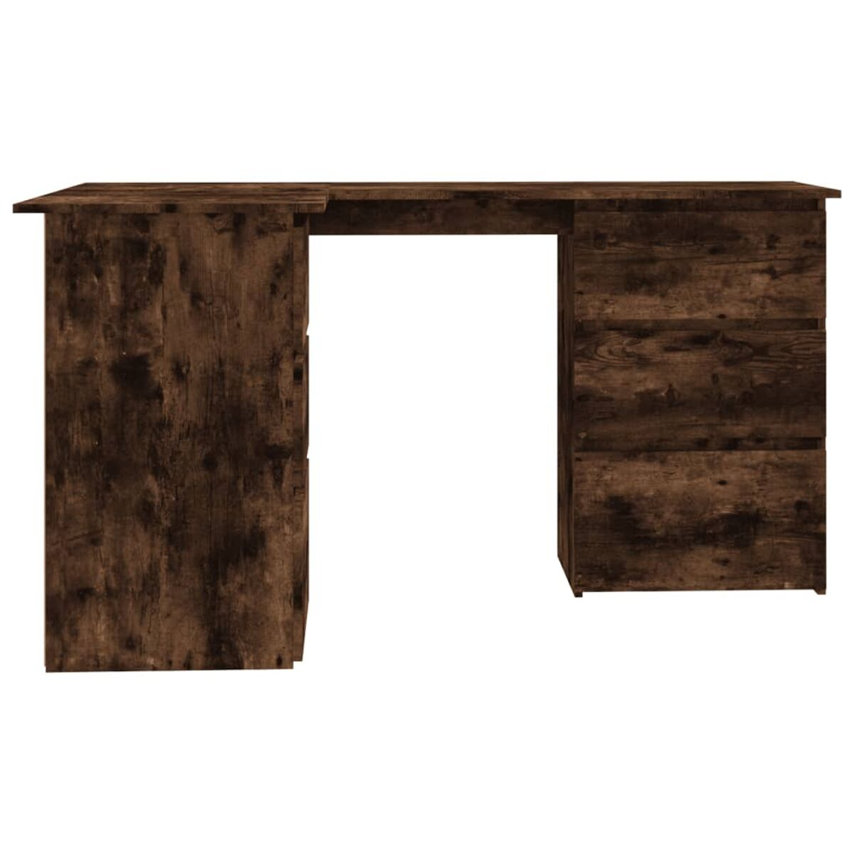 Brauner Holzschreibtisch mit Schubladen. Das Design hat eine L-Form.