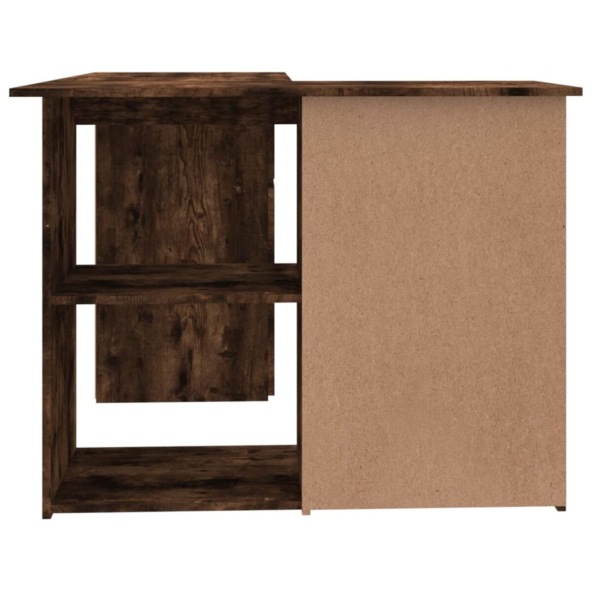 Holzschrank mit offener Front und zwei Regalen. Die rechte Seite ist geschlossen. Holzmaserung sichtbar.