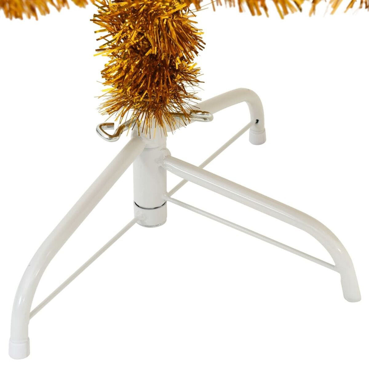 Weißer Weihnachtsbaumständer aus Metall mit goldenem Lametta oben. Der Ständer hat ein Stativ.