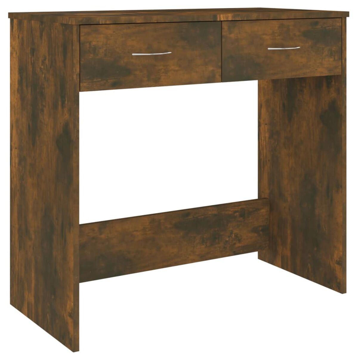 Ein brauner Konsolentisch aus Holz mit zwei Schubladen.