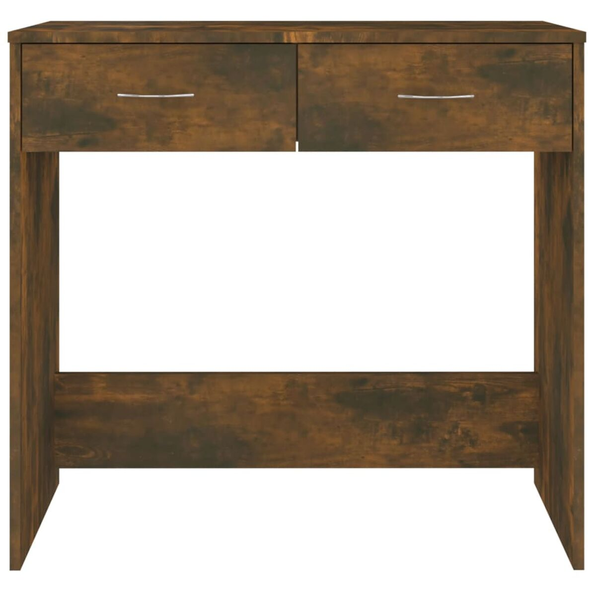 Holzschreibtisch mit zwei Schubladen. Der Schreibtisch hat eine dunkle Holzoberfläche.