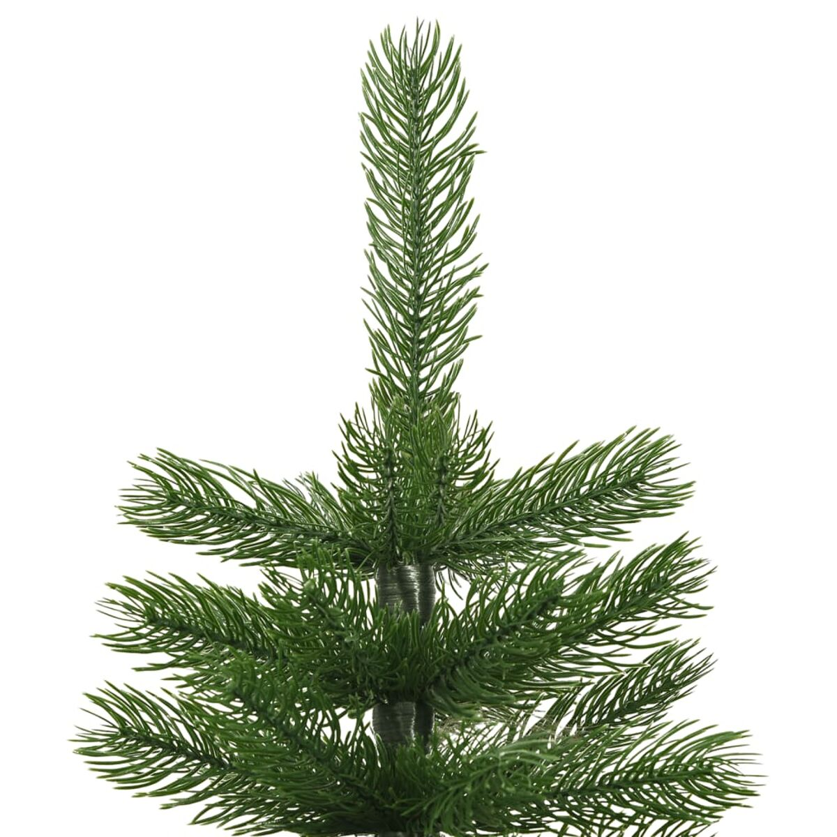 Nahaufnahme eines kleinen grünen künstlichen Weihnachtsbaums mit nadelartigen Ästen, isoliert auf weißem Hintergrund.