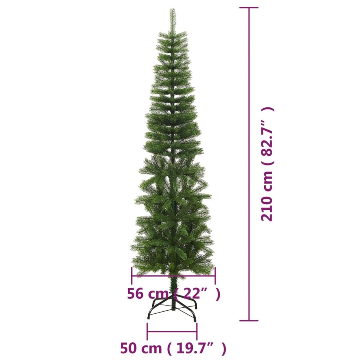 Hoher, grüner, künstlicher Weihnachtsbaum mit Maßen in cm und Zoll.