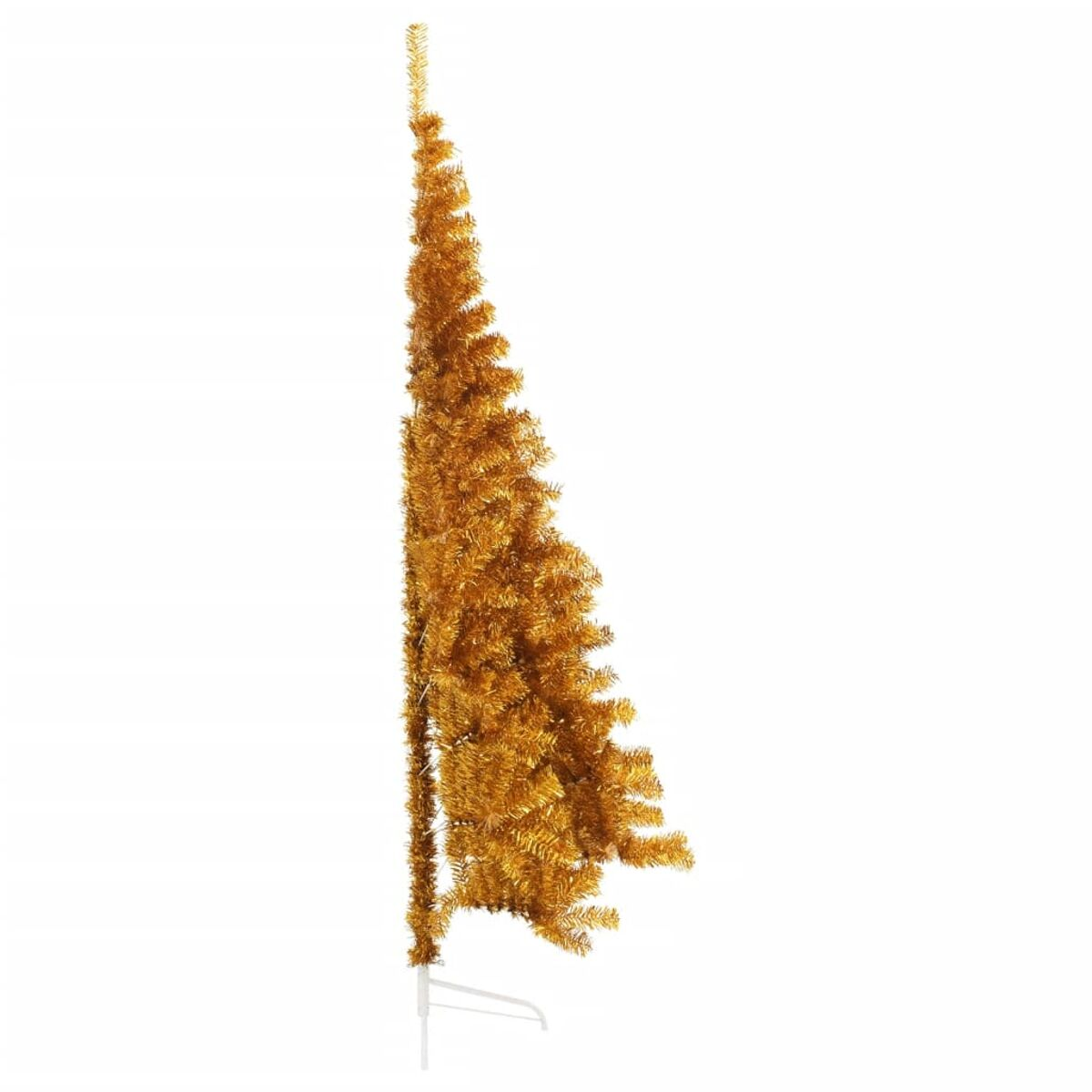 Ein goldener Lametta-Weihnachtsbaum auf weißem Hintergrund. Der Baum ist hoch und neigt sich leicht zur Seite.
