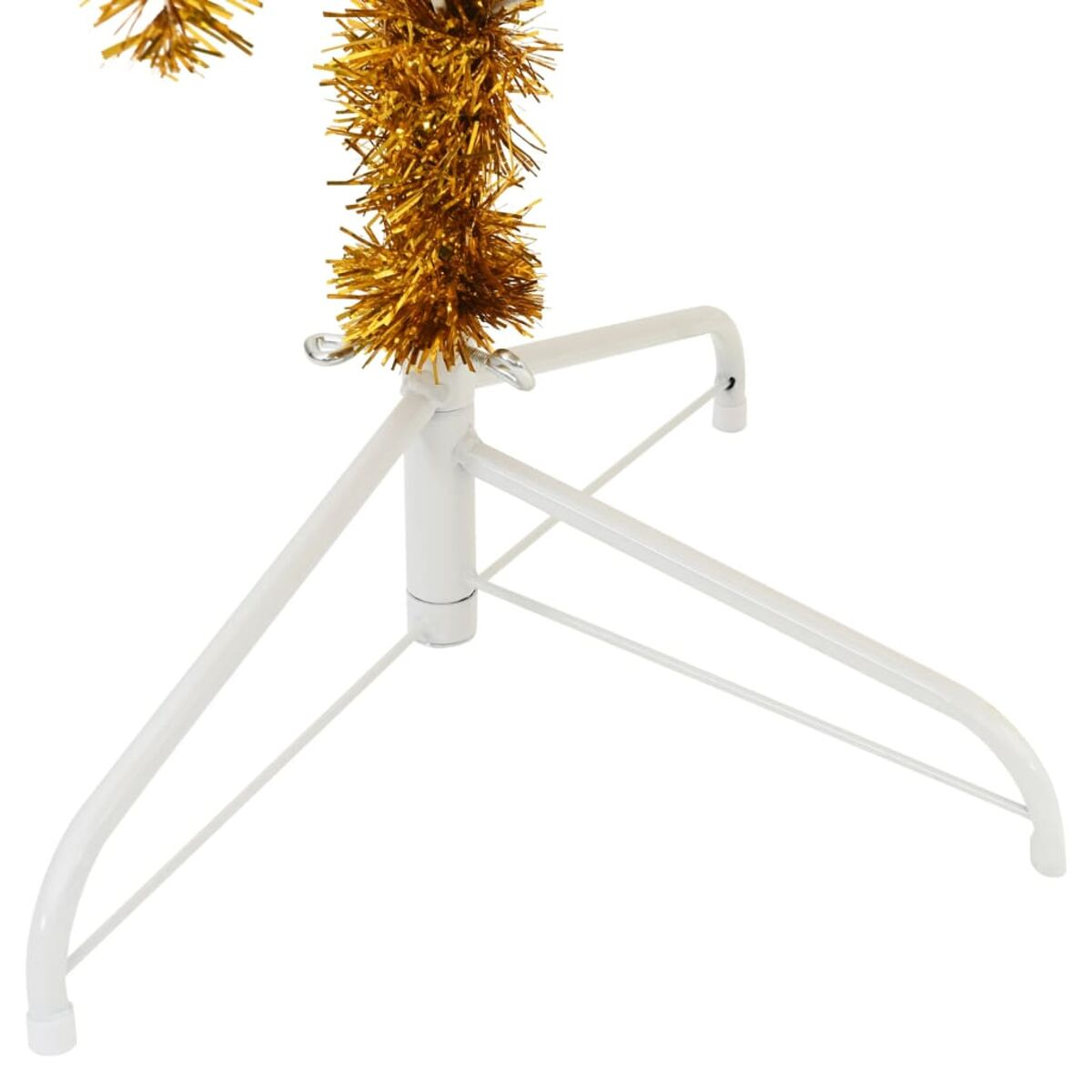 Weißer Metall-Weihnachtsbaumständer mit goldener Lametta-Dekoration.