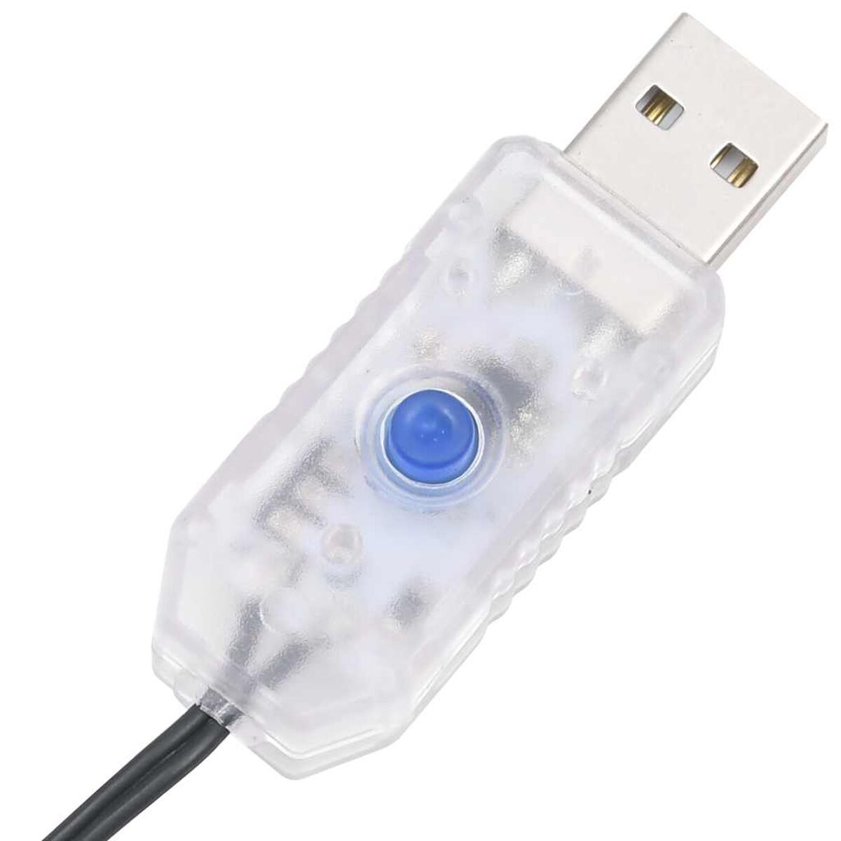 Ein USB-Anschluss mit blauem Knopf auf transparentem Kunststoffgehäuse.