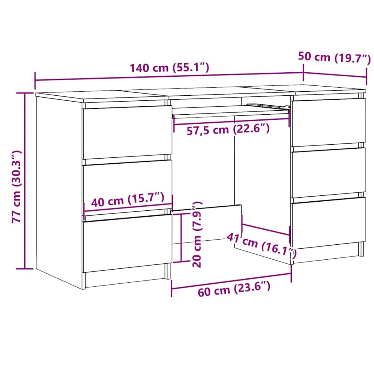 Diagramm eines Schreibtischs mit Abmessungen in Zentimetern (cm) und Zoll (in).