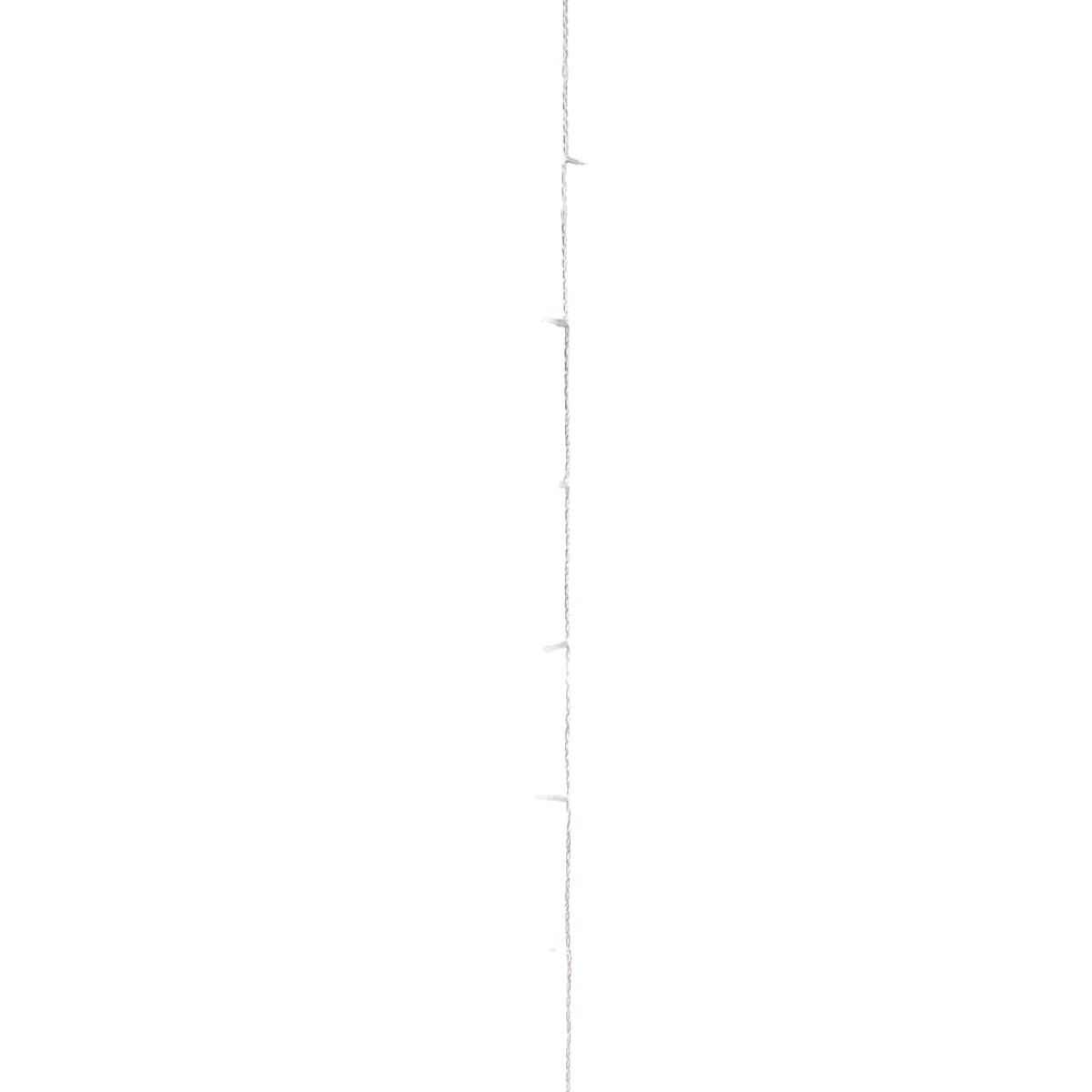 Kette weißer Lichter, die vertikal vor weißem Hintergrund hängen. Lichter sind gleichmäßig verteilt.