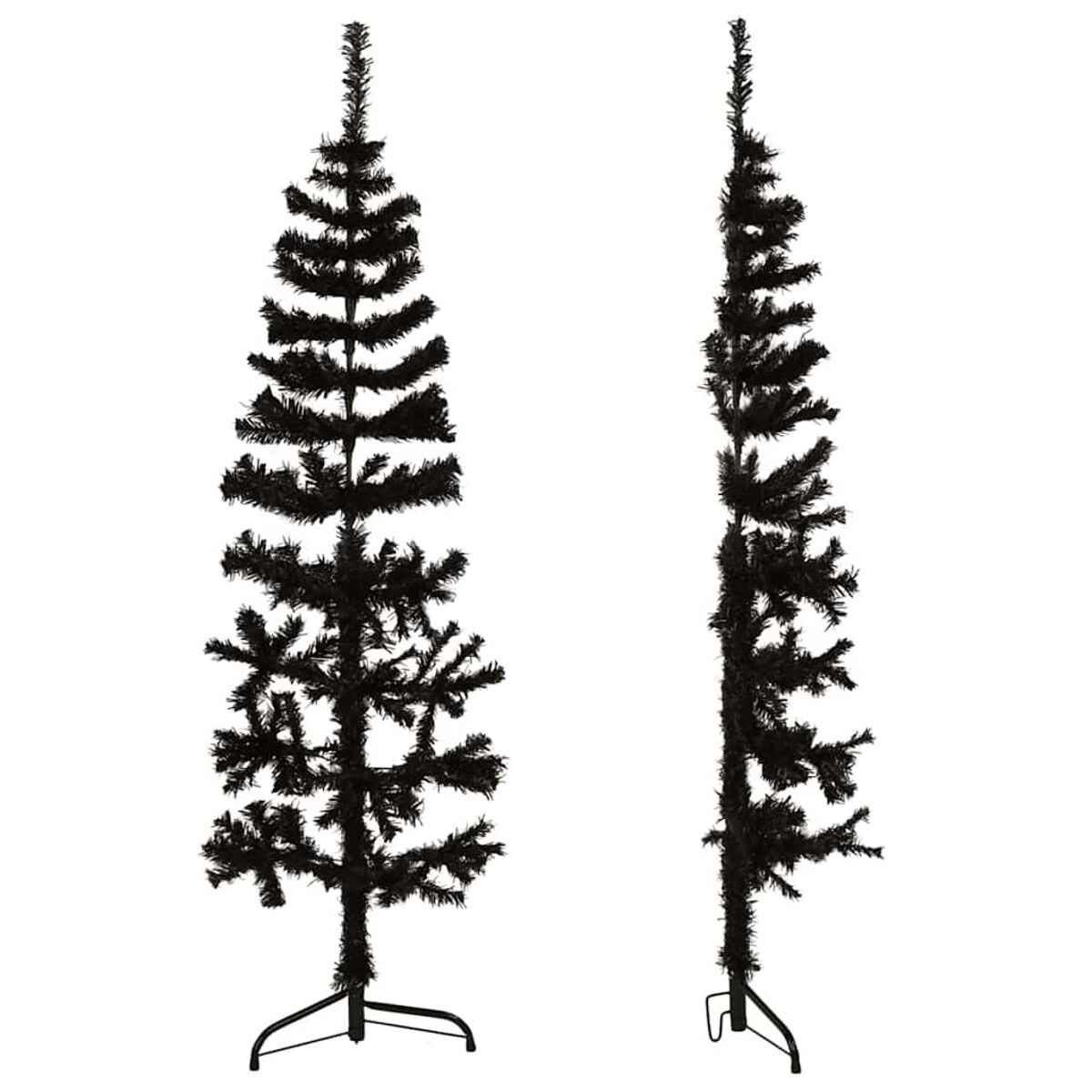 Zwei schwarze, schlanke künstliche Weihnachtsbäume vor weißem Hintergrund. Vorder- und Seitenansicht.
