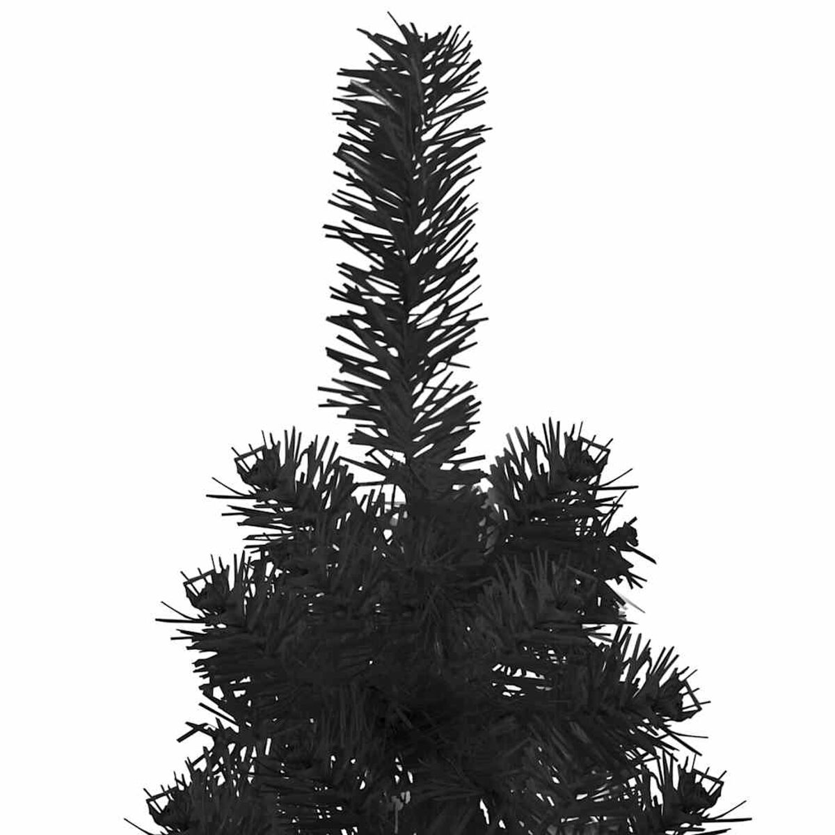 Oberteil eines schwarzen künstlichen Weihnachtsbaums, vor weißem Hintergrund.