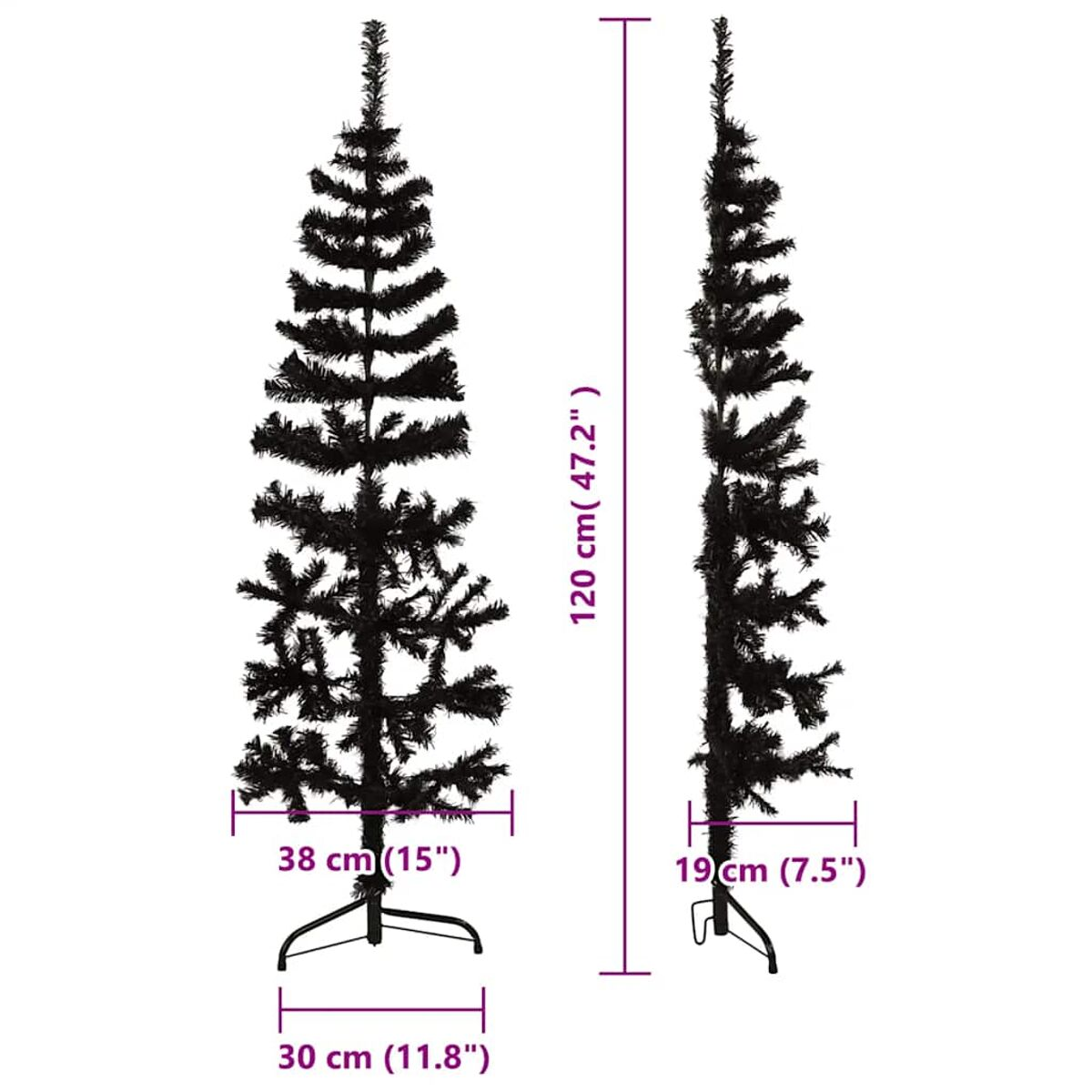 Schwarzer künstlicher Weihnachtsbaum, schmales Design, mit beschrifteten Abmessungen. Auf einem Ständer platziert.