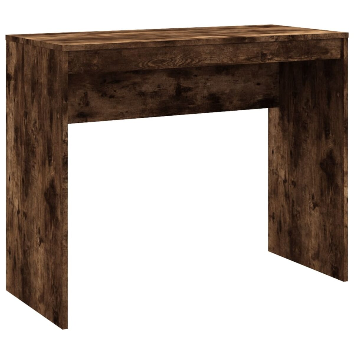 Dunkelbraune Holzkonsolentisch. Einfaches Design mit zwei Beinen und einer flachen Oberseite. Weißer Hintergrund.