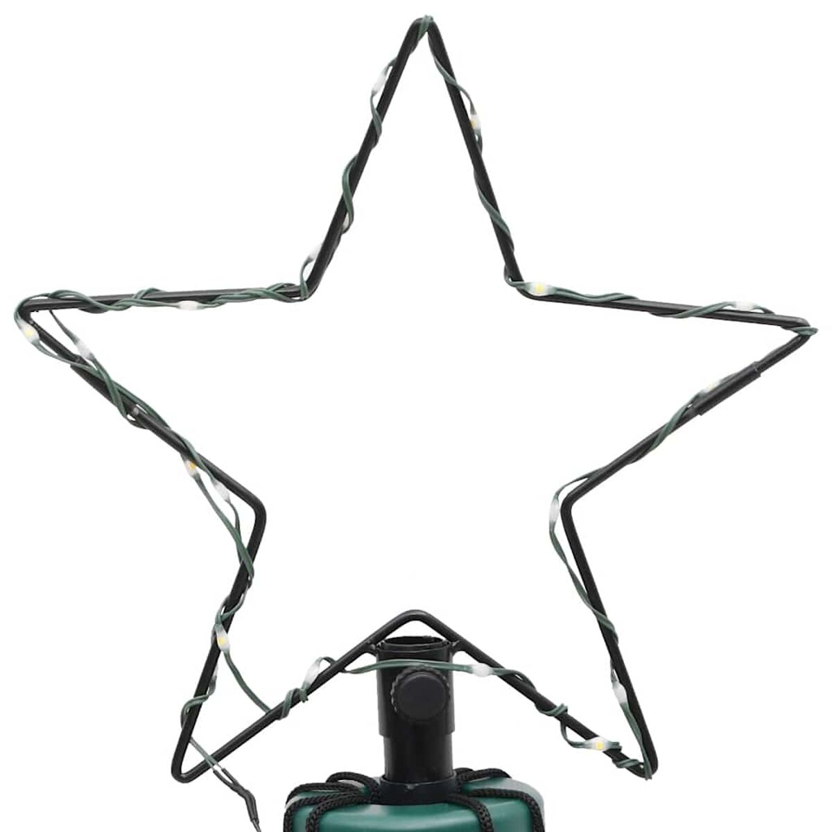 Sternförmige Weihnachtsbaumspitze mit Lichtern. Der Stern ist schwarz mit weißen Lichtern.
