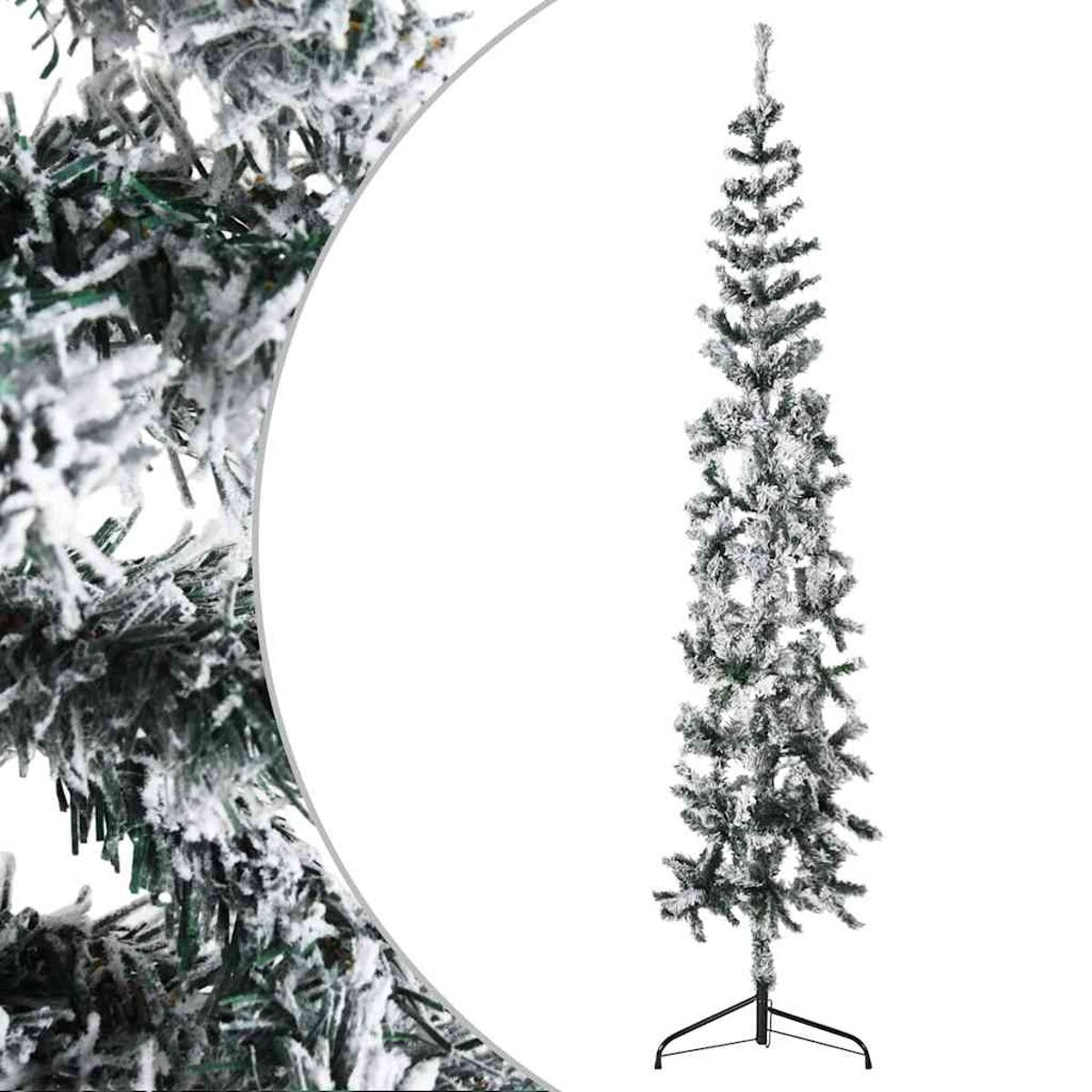 Mit Schnee bedeckter künstlicher Weihnachtsbaum, mit Maßangabe. Weißer Hintergrund.