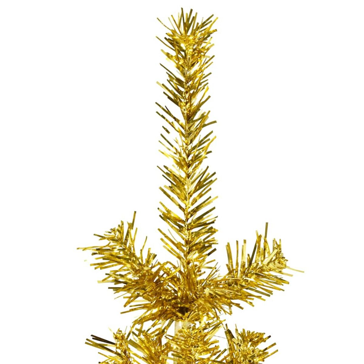 Goldene Weihnachtsbaumspitze. Mit Lametta bedeckte Äste. Weißer Hintergrund. Festlich und dekorativ.