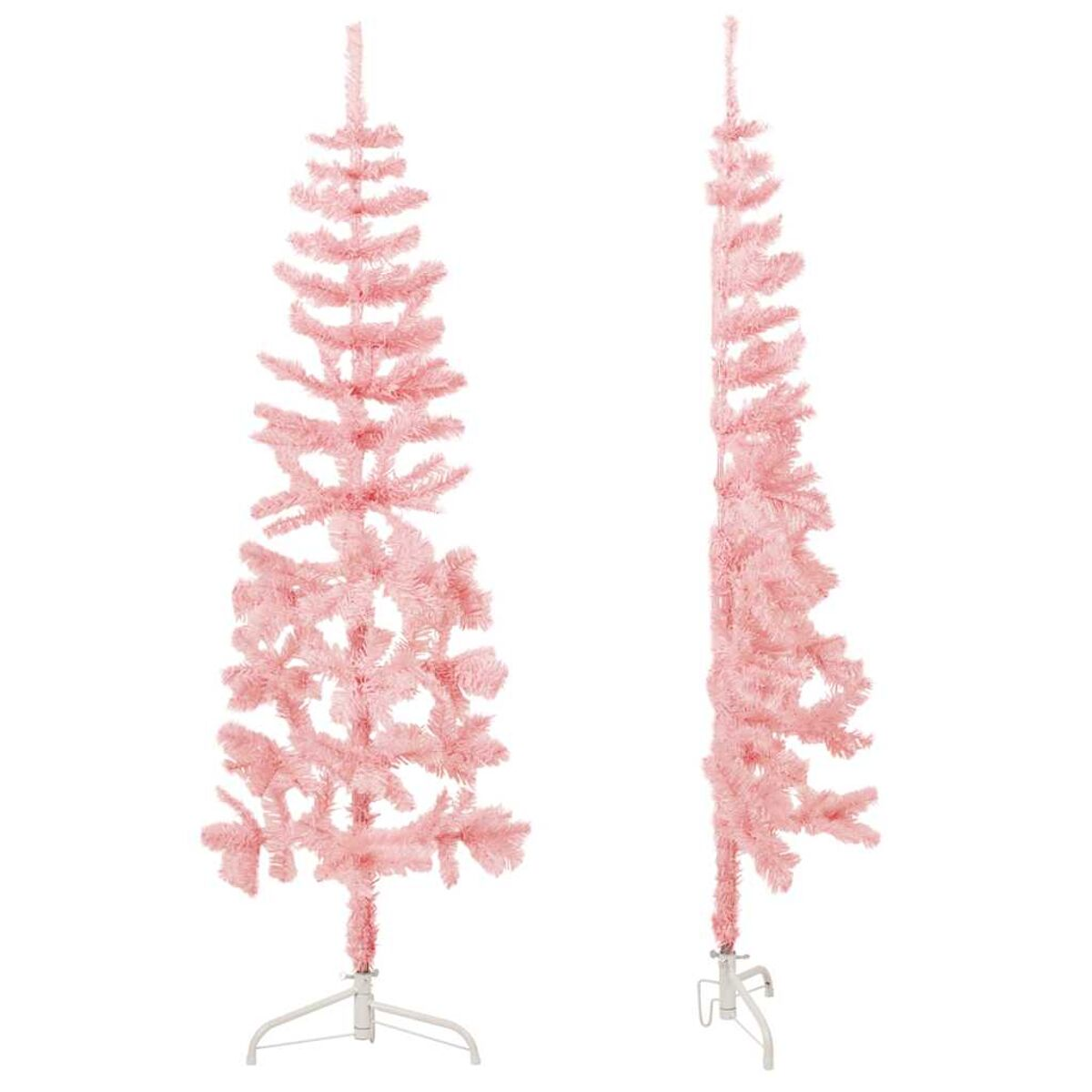 Zwei rosa Weihnachtsbäume auf weißen Ständern vor weißem Hintergrund.