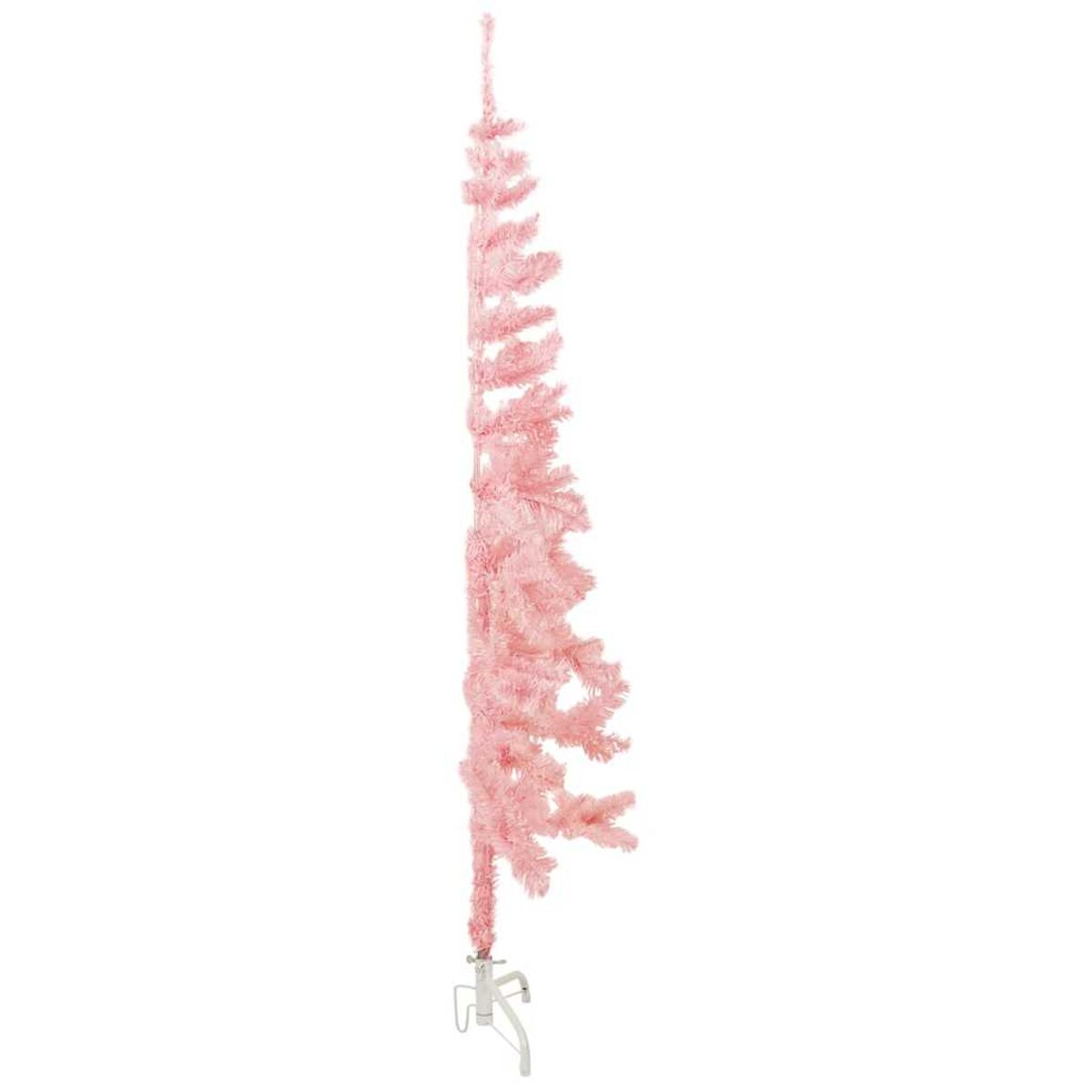 Rosa Weihnachtsbaumzweig. Flauschiges, lamettaartiges Material. Weißer Ständer. Isoliert.