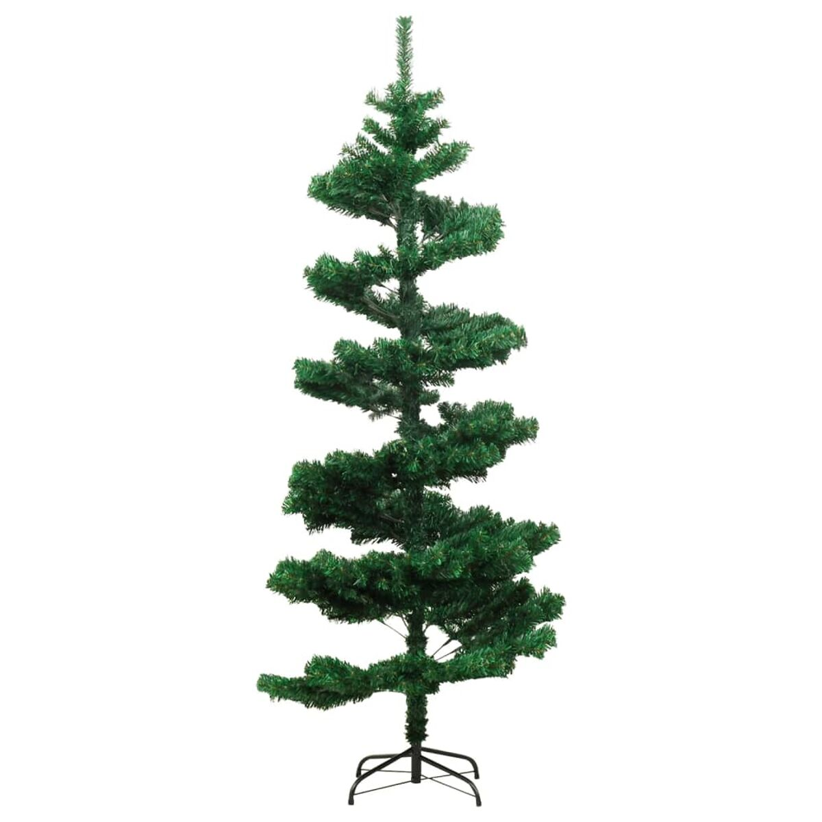 Ein grüner Weihnachtsbaum auf einem schwarzen Ständer, isoliert auf weißem Hintergrund.